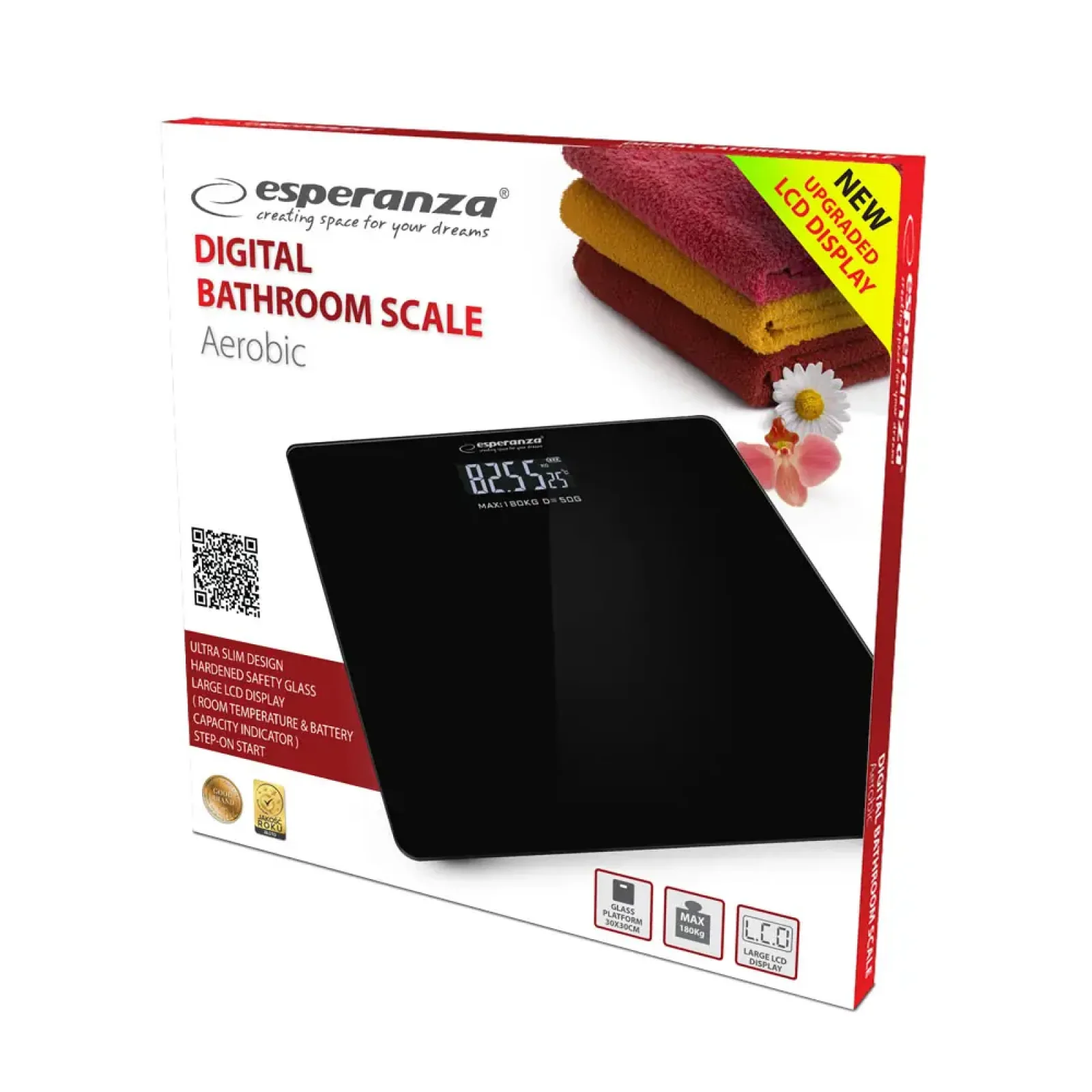 Весы напольные ESPERANZA Black скло, макс. вага 180 кг, авт . вимкненя, ножний перемикач EBS002K UA