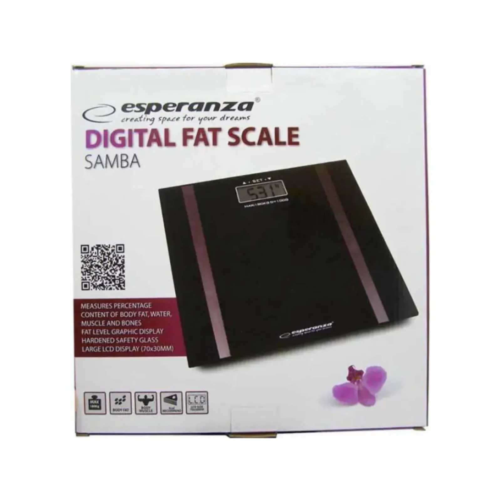 Весы напольные ESPERANZA,чорного кольору, вимірюють відсоток жиру в організмі, води, м'язів, 4-ри тензодатчики EBS018K UA