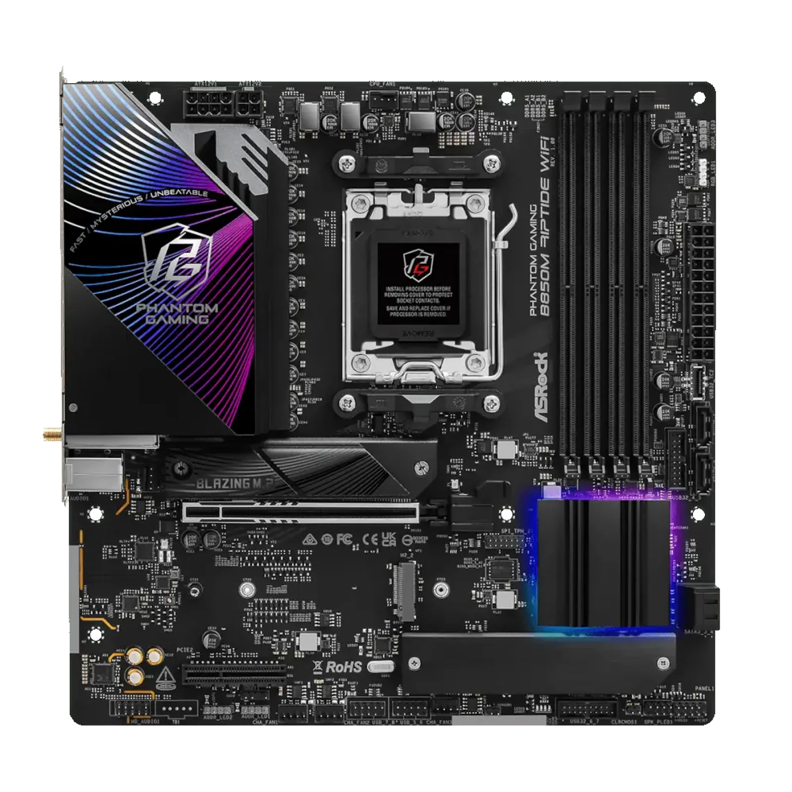 Материнская плата ASROCK sAM5 AMD B850 4xDDR5 HDMI/DP 3xM .2 2.5GbE LAN mATX B850M RIPTIDE WIFI UA