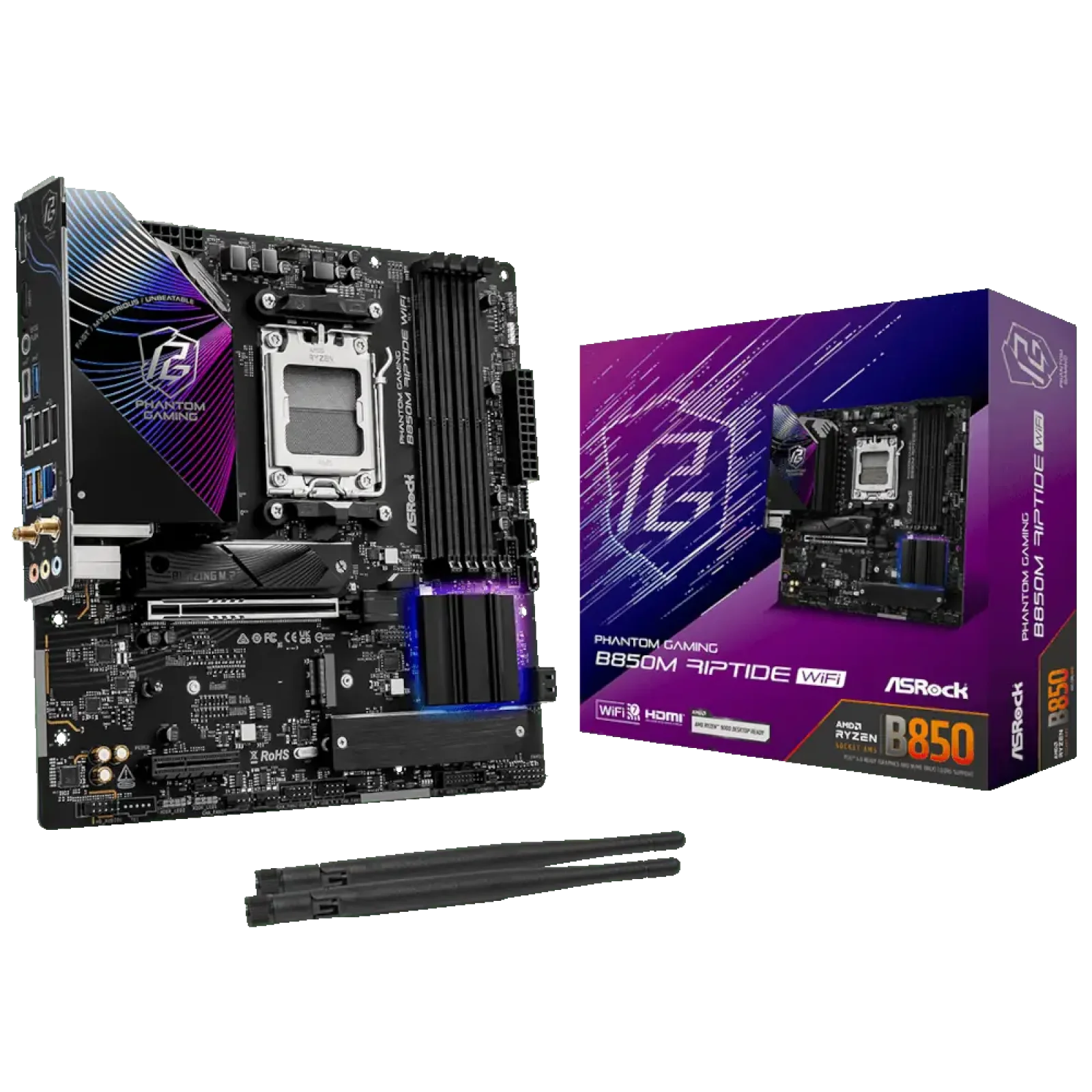 Материнская плата ASROCK sAM5 AMD B850 4xDDR5 HDMI/DP 3xM .2 2.5GbE LAN mATX B850M RIPTIDE WIFI UA