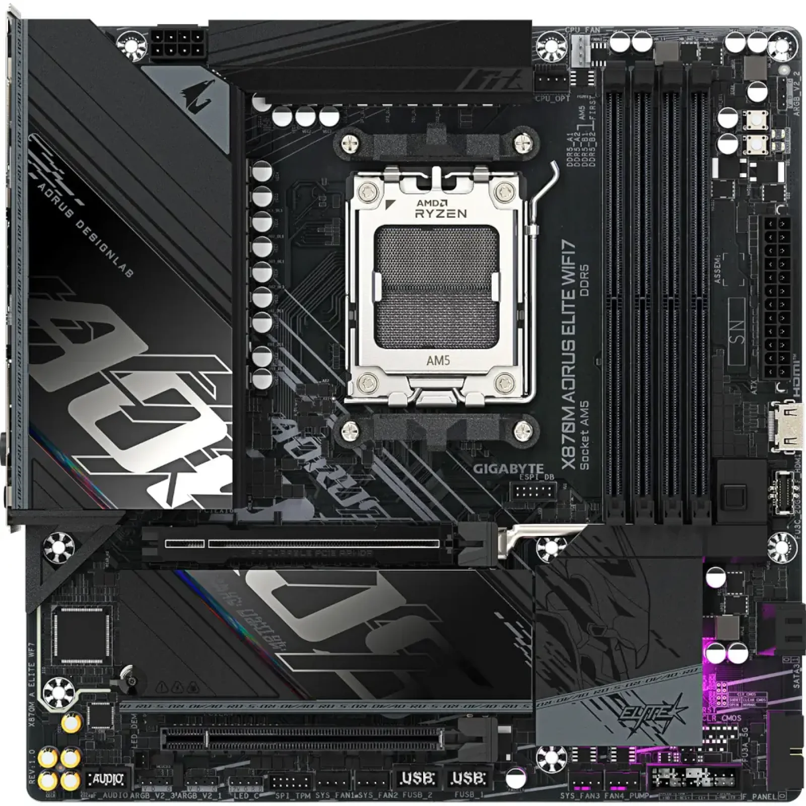 Материнская плата GIGABYTE sAM5 AMD X870 2xHDMI/2xUSB4 2xM. 2 2.5GbE LAN mATX X870M AORUS ELITE WIFI7 UA