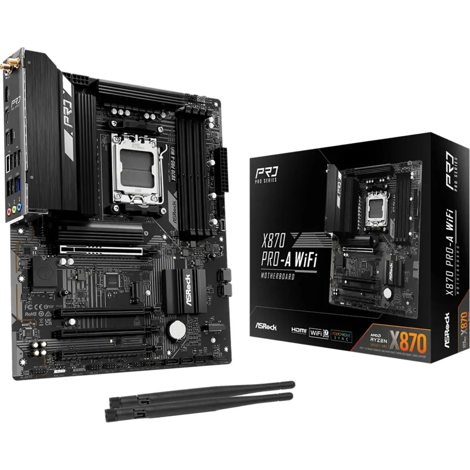 Материнская плата ASROCK sAM5 AMD X870 4xDDR5 HDMI/2xUSB4 3xM.2 2.5GbE LAN ATX X870 PRO-A WIFI UA