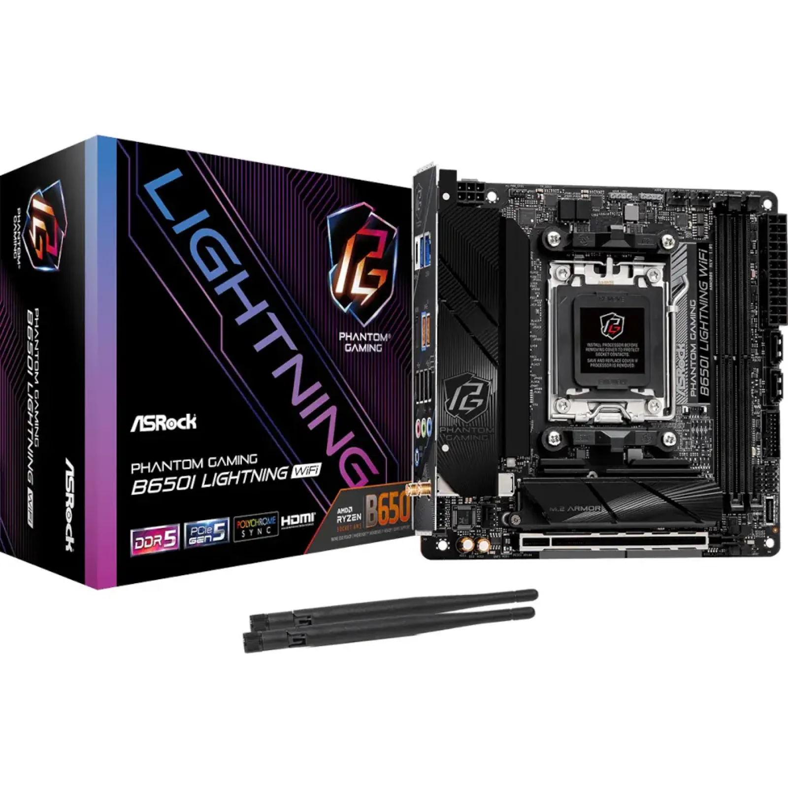 Материнська плата ASROCK sAM5 AMD B650 HDMI 2xM.2 2xDDR5 2.5GbE LAN mini-ITX B650I LIGHTNING WIFI UA