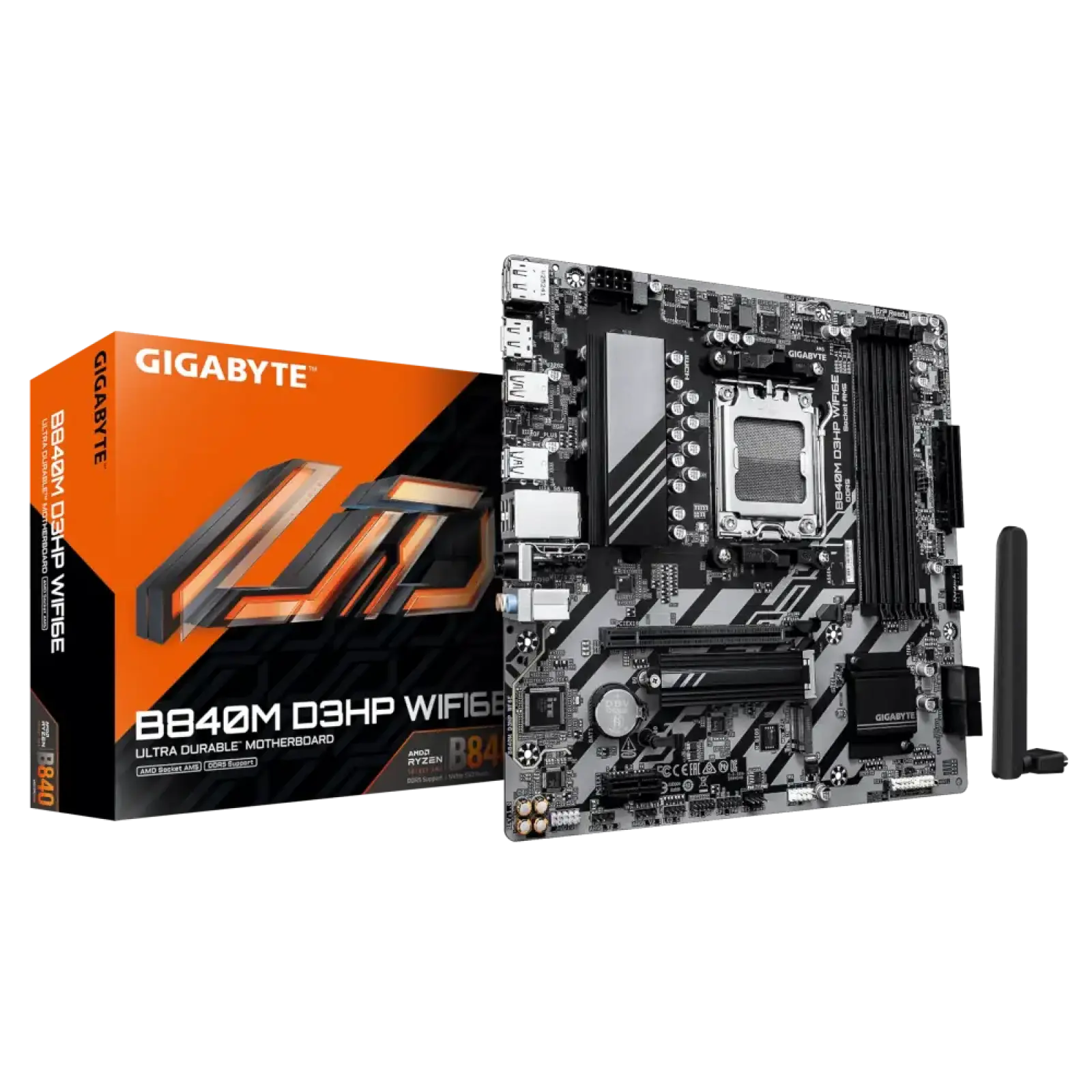 Материнская плата GIGABYTE sAM5 AMD B840 2хDP/HDMI 4xDDR5 2 xM.2 GbE LAN mATX B840M D3HP WIFI6E UA
