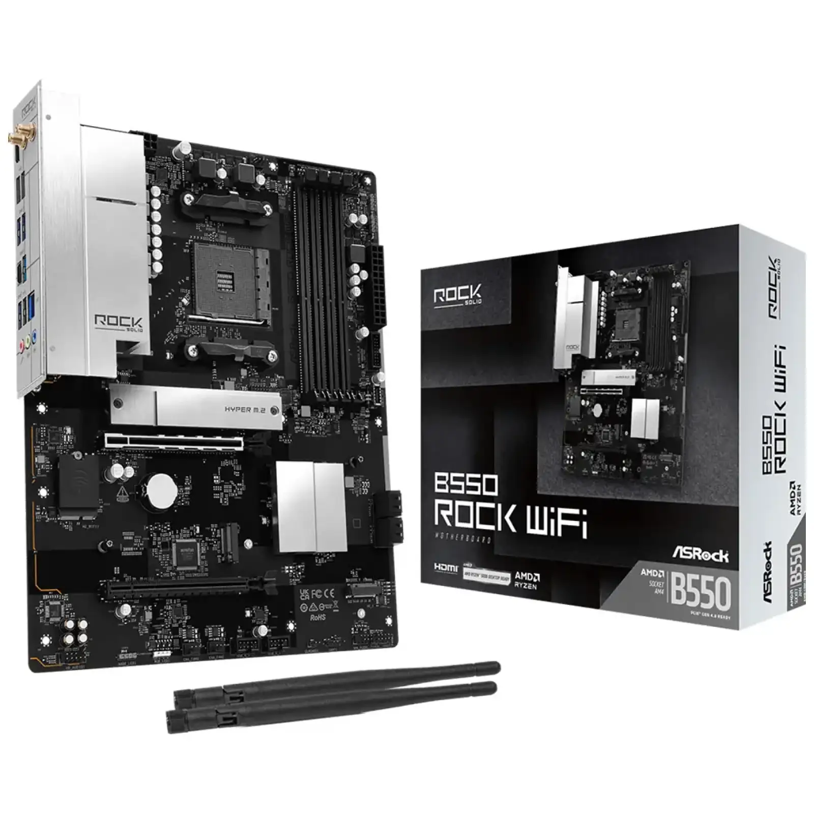 Материнская плата ASROCK AMD AM4 B550 4xDDR4 HDMI 3xM.2 2.5GbE Lan ATX B550 ROCK WIFI UA