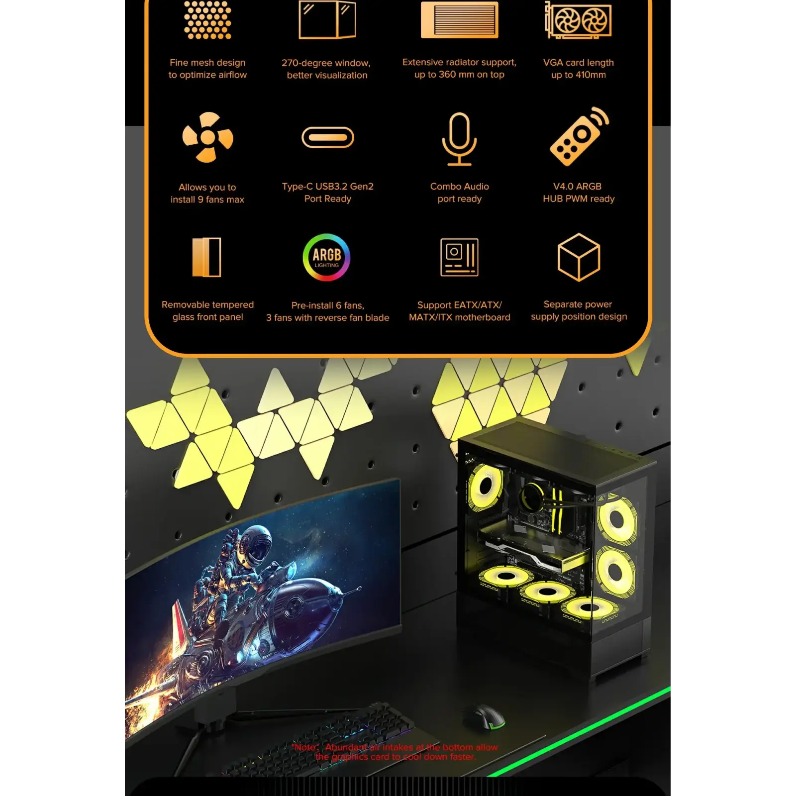 Корпус GAMEMAX комп'ютерний Midi ATX без блока живлення, E-ATX, ATX, M-ATX, ITX, Tempered Glass, Mesh Vista AB UA