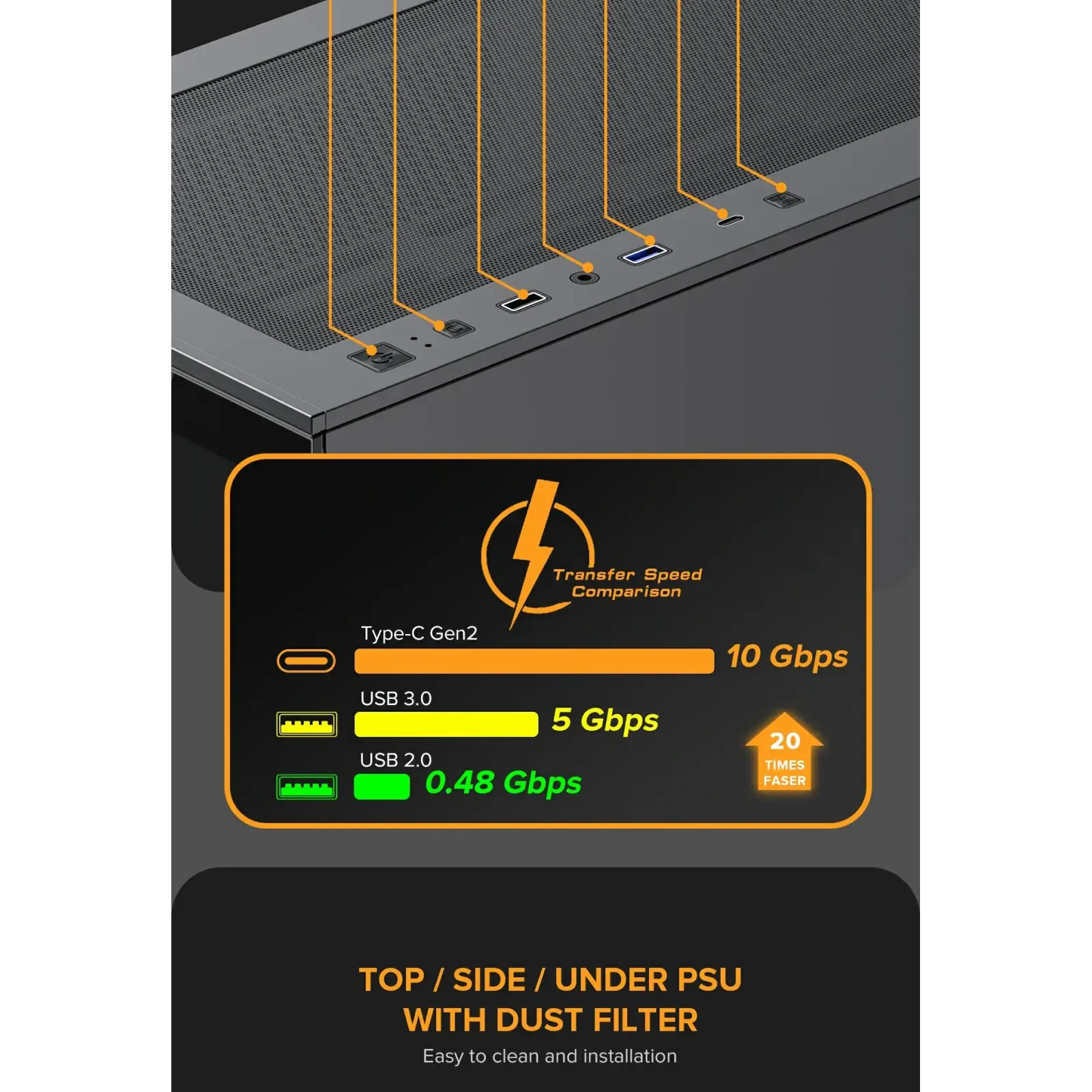 Корпус GAMEMAX комп'ютерний Midi ATX без блока живлення, E-ATX, ATX, M-ATX, ITX, Tempered Glass, Mesh Vista AB UA