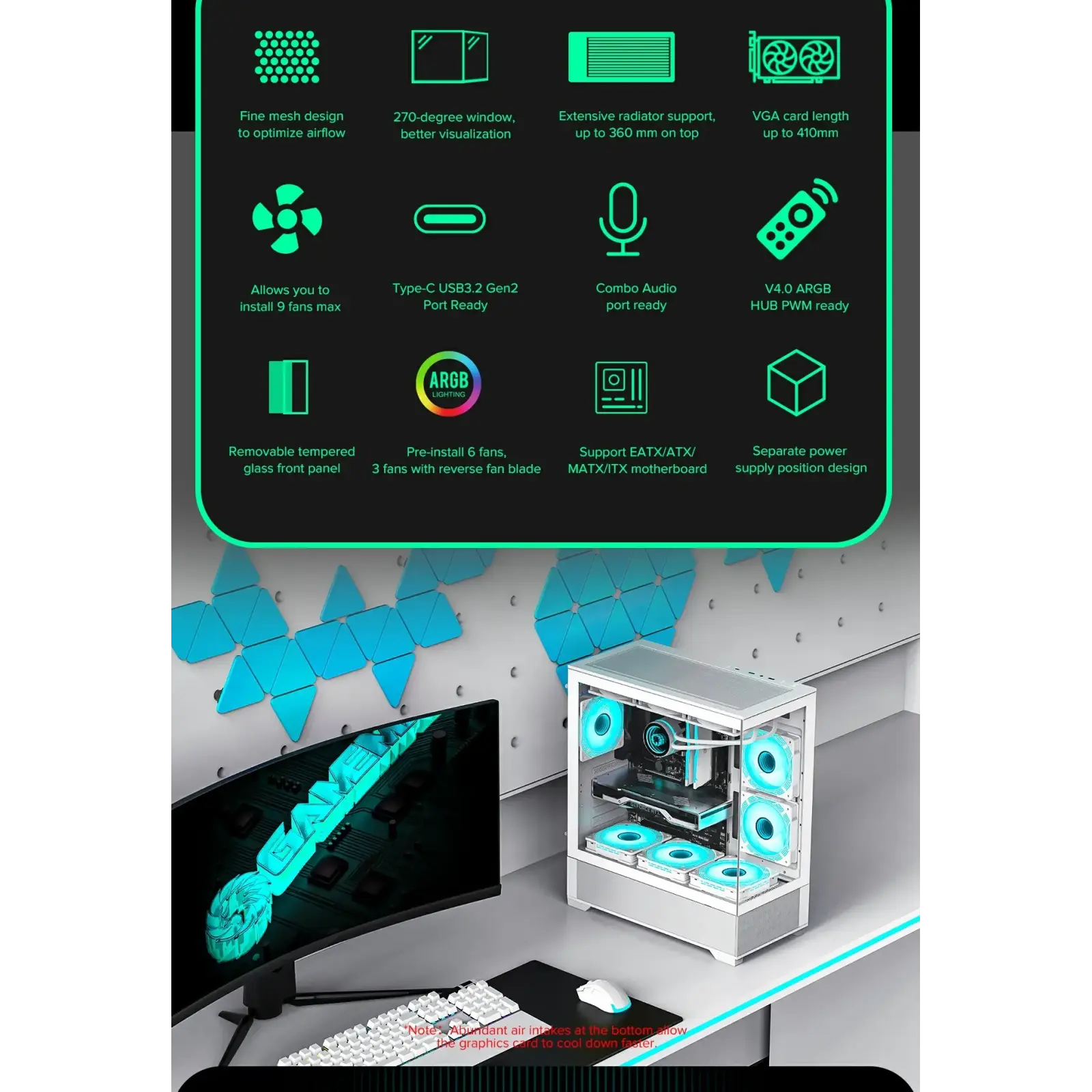 Корпус GAMEMAX комп'ютерний Midi ATX без блока живлення, E-ATX, ATX, M-ATX, ITX, Tempered Glass, Mesh Vista AW UA