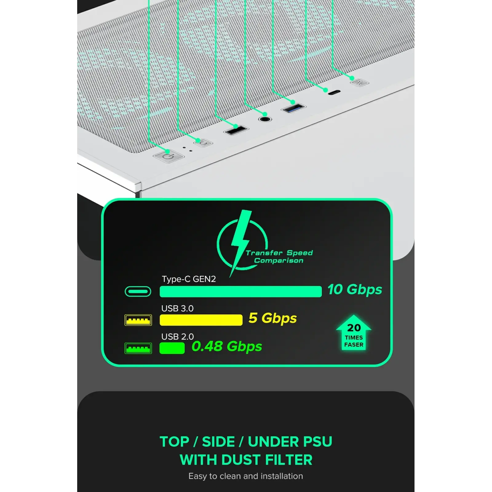 Корпус GAMEMAX комп'ютерний Midi ATX без блока живлення, E-ATX, ATX, M-ATX, ITX, Tempered Glass, Mesh Vista AW UA