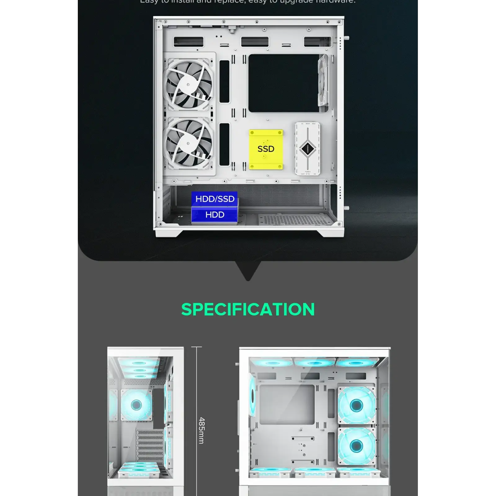 Корпус GAMEMAX комп'ютерний Midi ATX без блока живлення, E-ATX, ATX, M-ATX, ITX, Tempered Glass, Mesh Vista AW UA