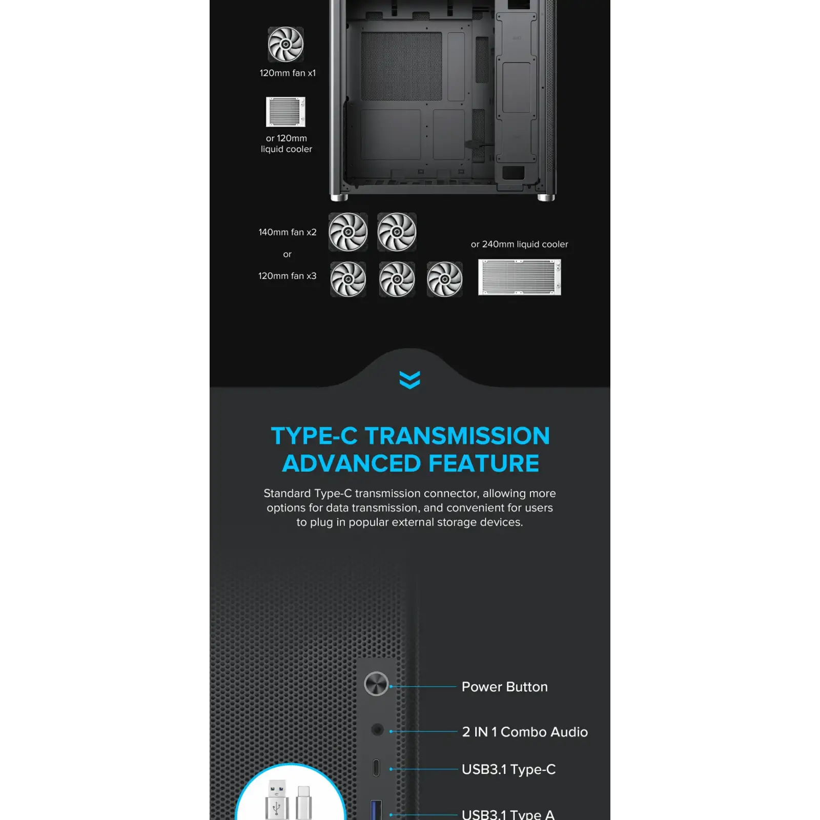 Корпус GAMEMAX Tower ATX без блока живлення DTX,Mini-ITX USB3.0x1,Type-C , Combo audio MeshBox PRO BK UA