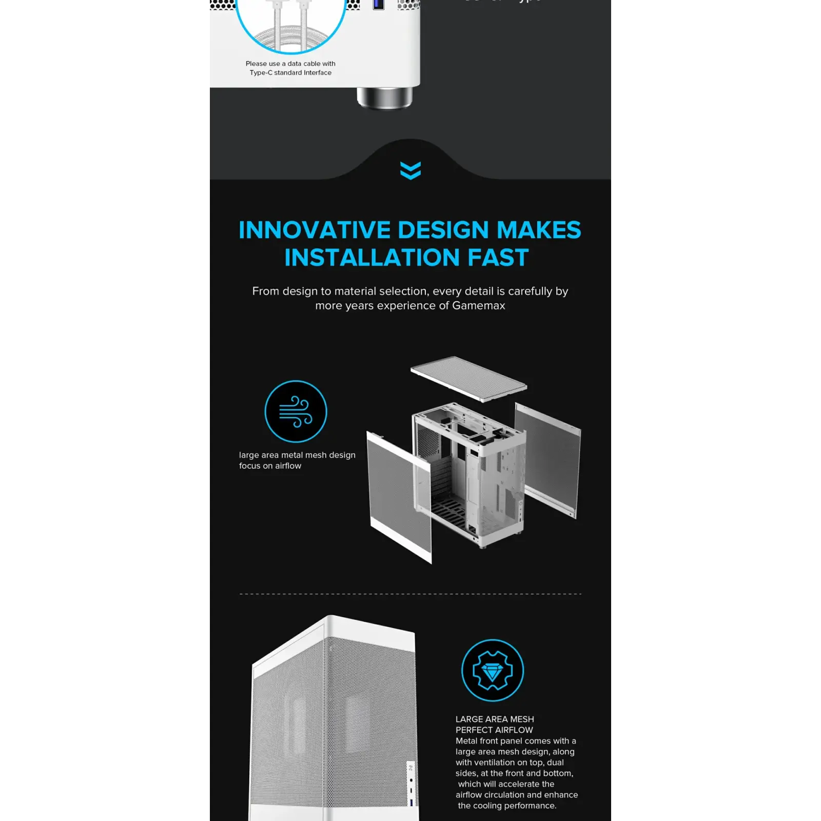 Корпус GAMEMAX Tower ATX без блока живлення DTX,Mini-ITX USB3.0x1,Type-C , Combo audio MeshBox PRO WT UA