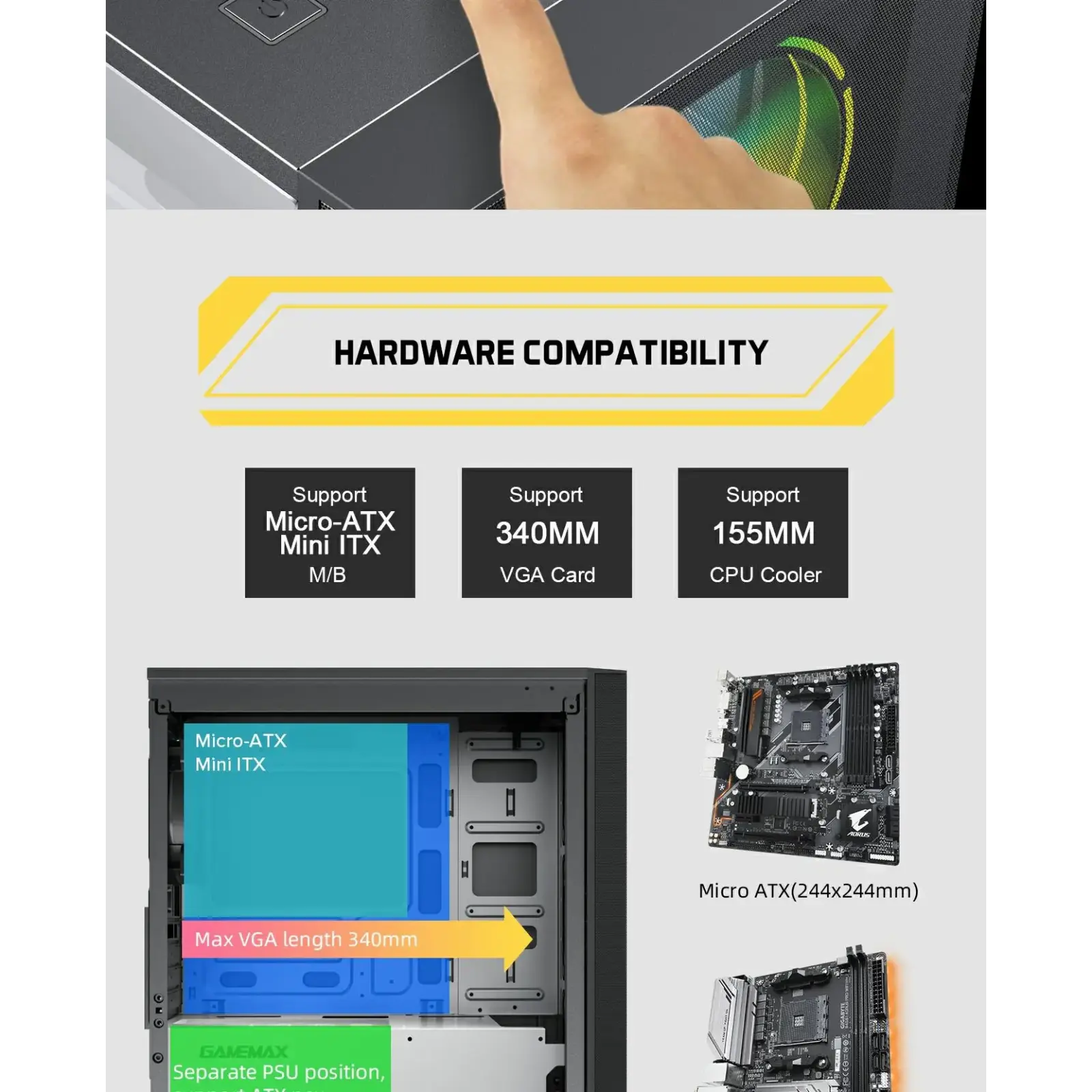 Корпус GAMEMAX MICRO ATX без блока живлення front panel with full mesh, V 1.62 PWM +ARGB Hub Aero Mini UA