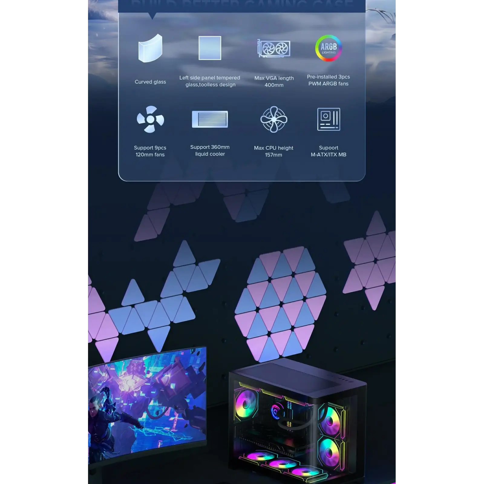 Корпус GAMEMAX Mid Tower M-ATX без блока живлення , загарт оварне склоM-ATX,ITX, Tempered Glass,USB3.0x1,USB2 HYPE-M Black UA