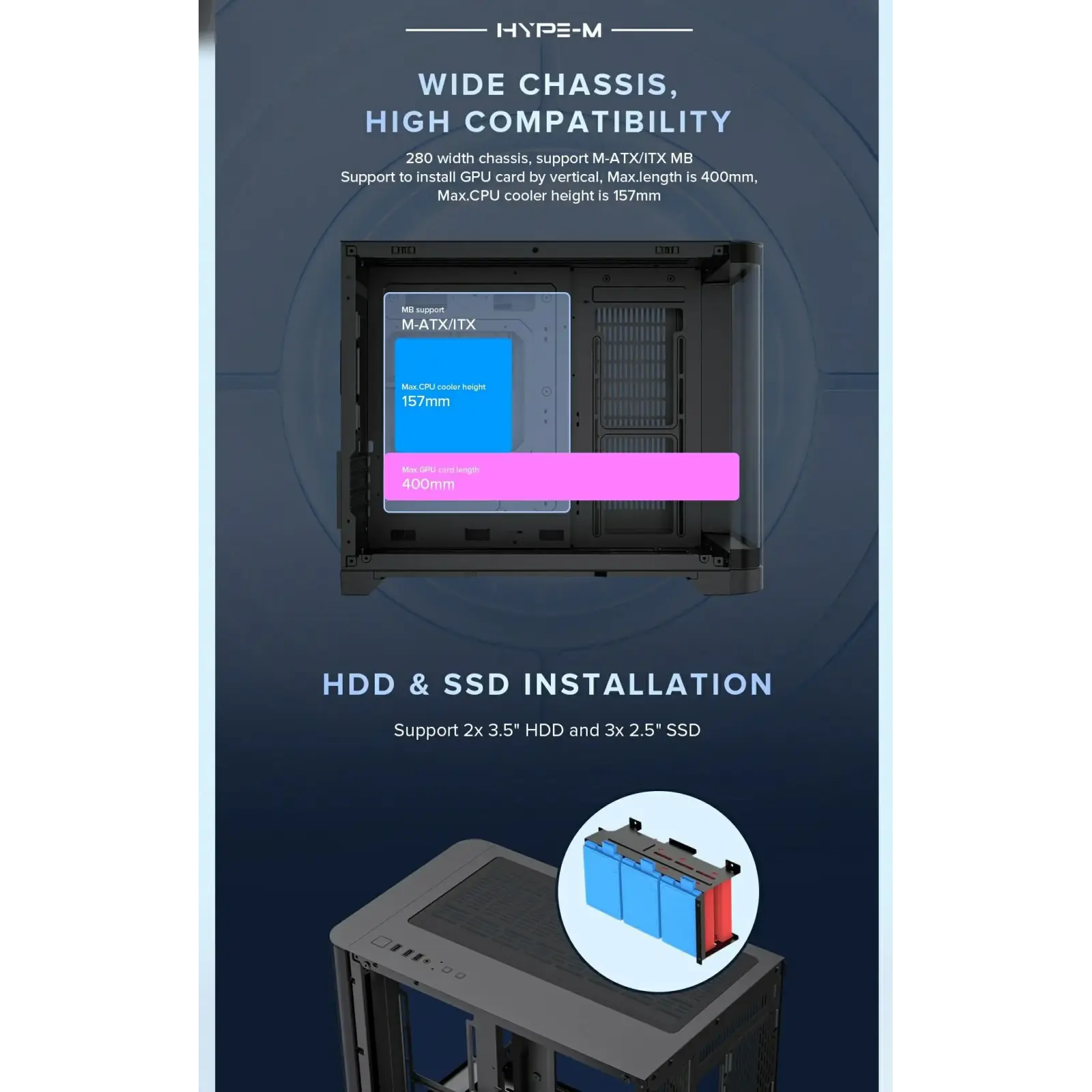 Корпус GAMEMAX Mid Tower M-ATX без блока живлення , загарт оварне склоM-ATX,ITX, Tempered Glass,USB3.0x1,USB2 HYPE-M Black UA