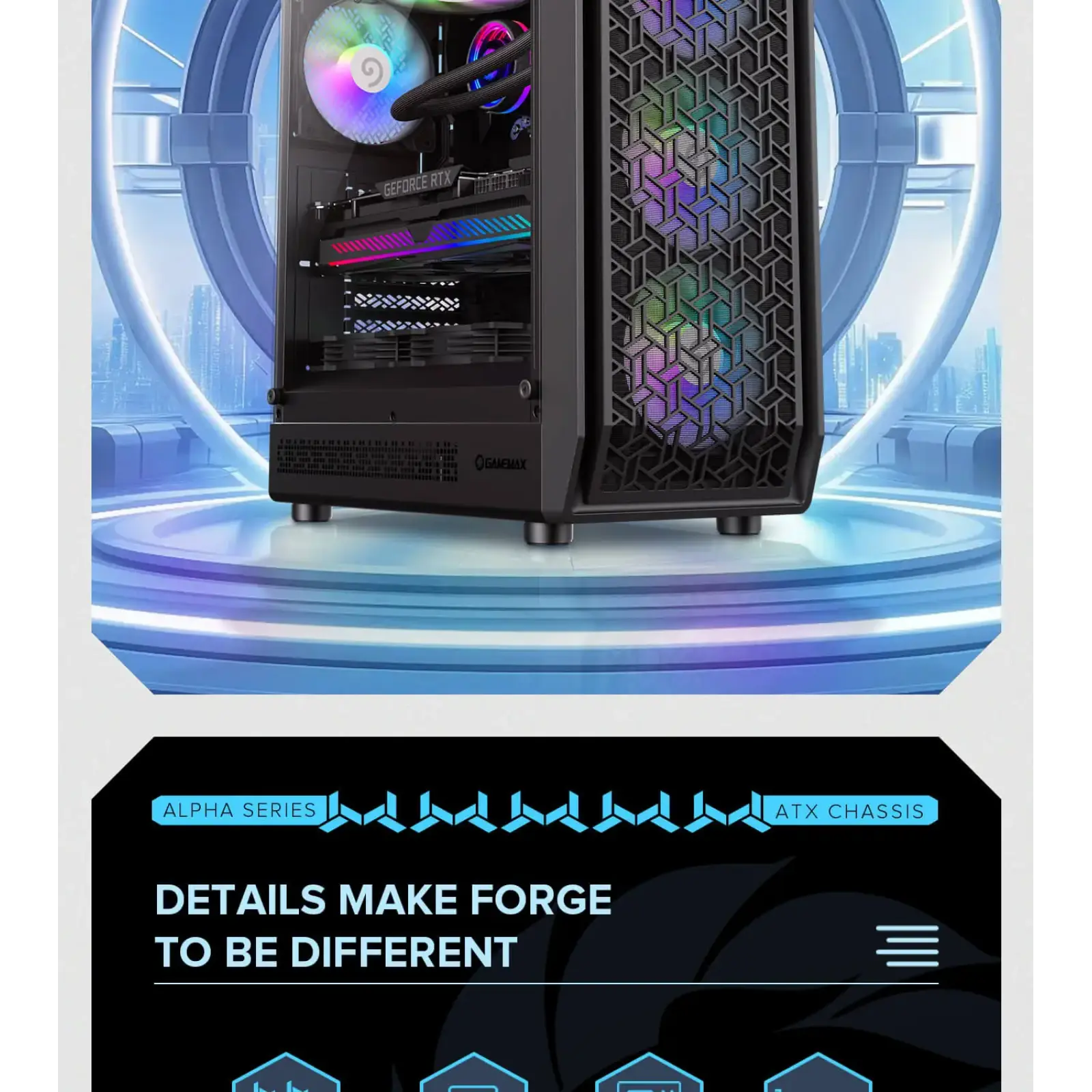 Корпус GAMEMAX Tower E-ATX без блока живлення , загартован е склоEATX(280mm Max.),ATX,M-ATX,ITX Forge AB UA