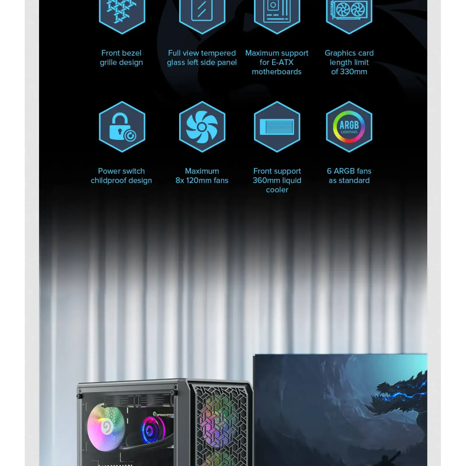 Корпус GAMEMAX Tower E-ATX без блока живлення , загартован е склоEATX(280mm Max.),ATX,M-ATX,ITX Forge AB UA