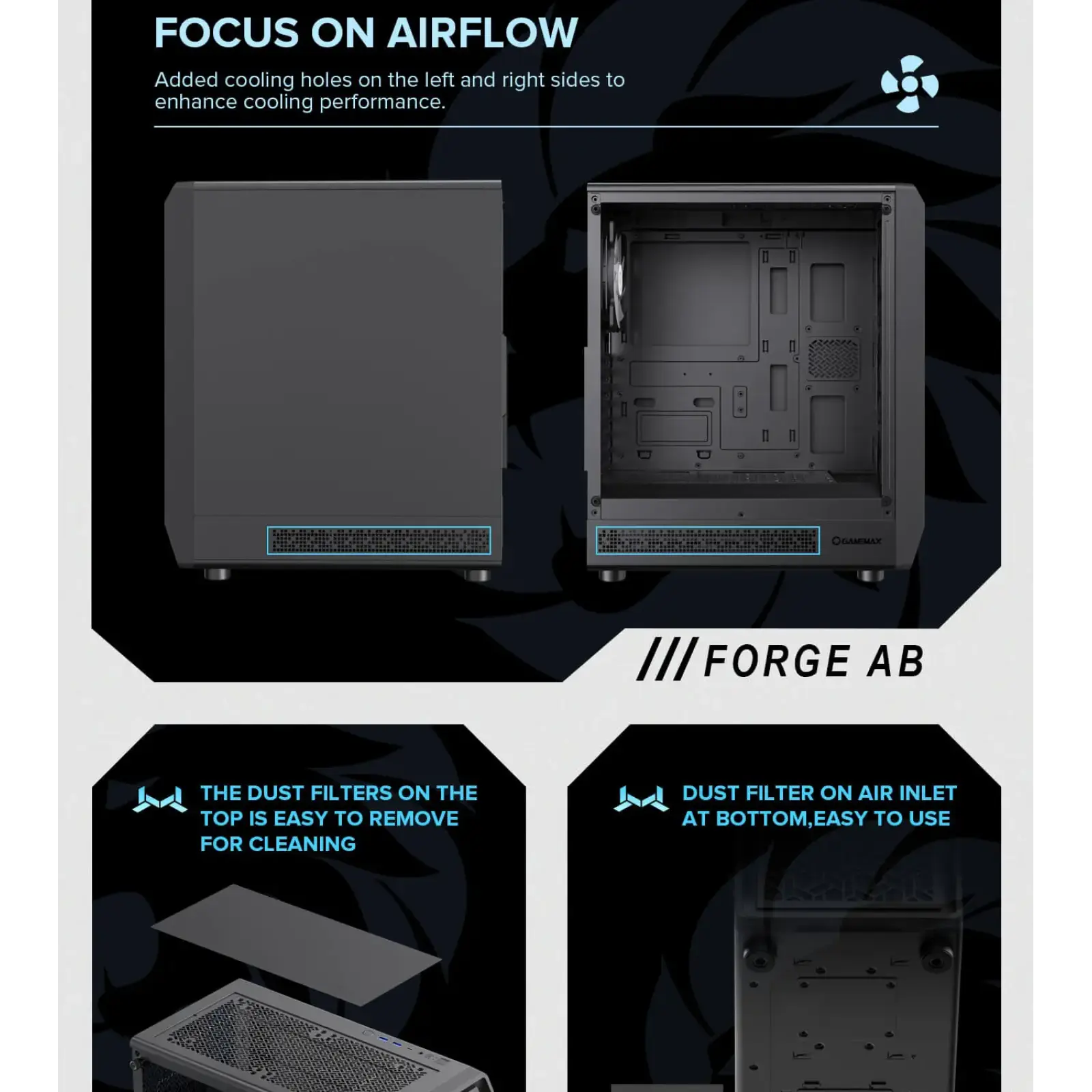 Корпус GAMEMAX Tower E-ATX без блока живлення , загартован е склоEATX(280mm Max.),ATX,M-ATX,ITX Forge AB UA