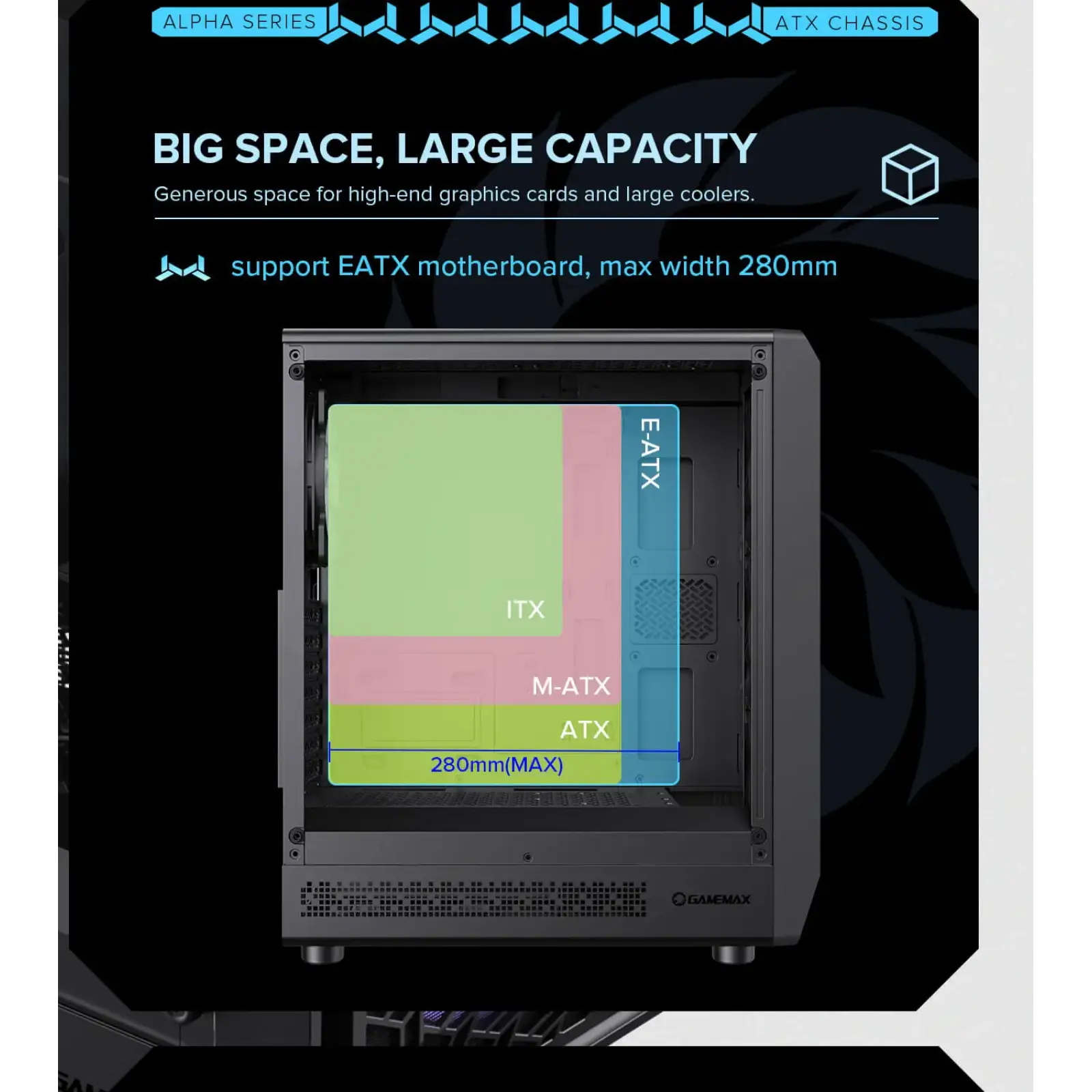 Корпус GAMEMAX Tower E-ATX без блока живлення , загартован е склоEATX(280mm Max.),ATX,M-ATX,ITX Forge AB UA