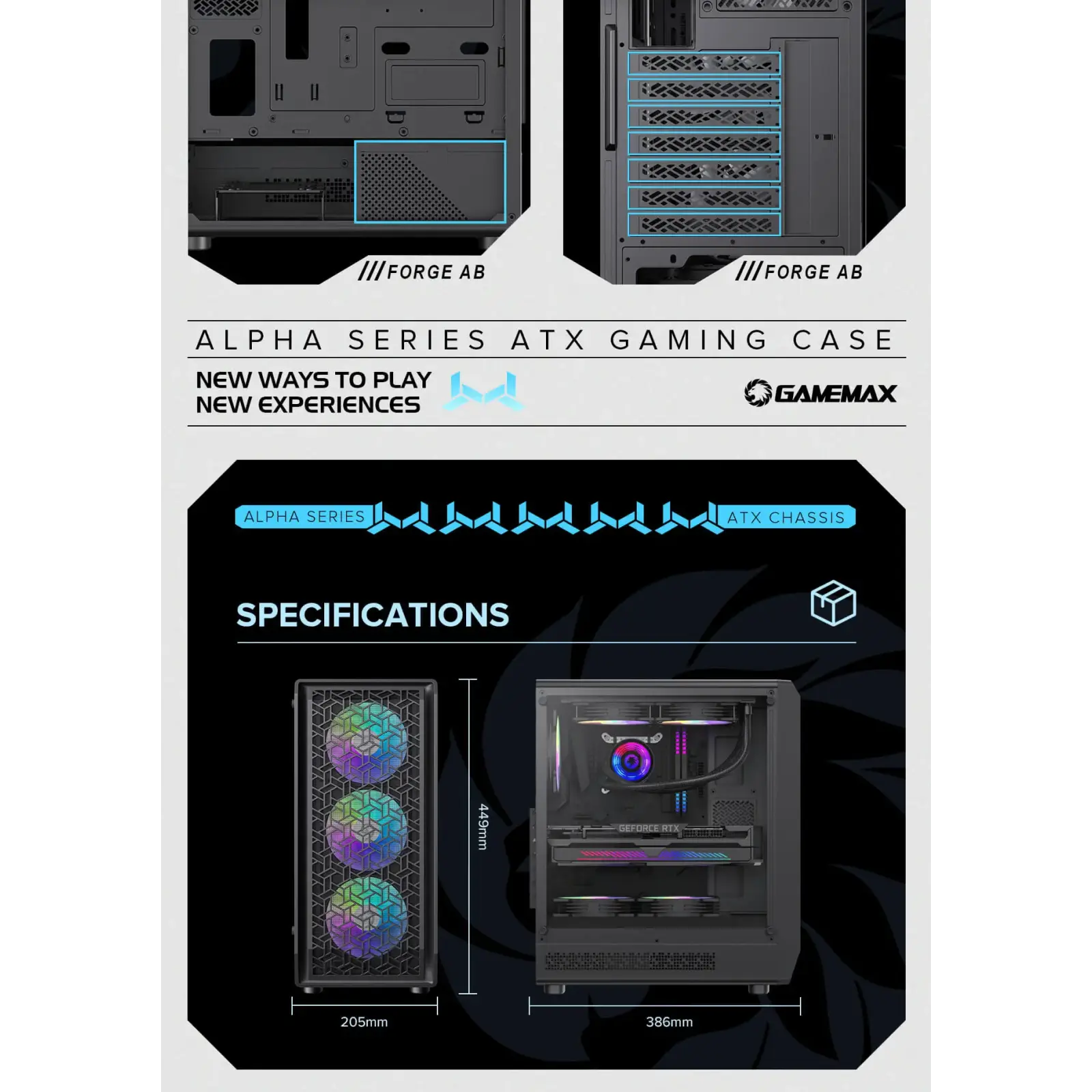 Корпус GAMEMAX Tower E-ATX без блока живлення , загартован е склоEATX(280mm Max.),ATX,M-ATX,ITX Forge AB UA