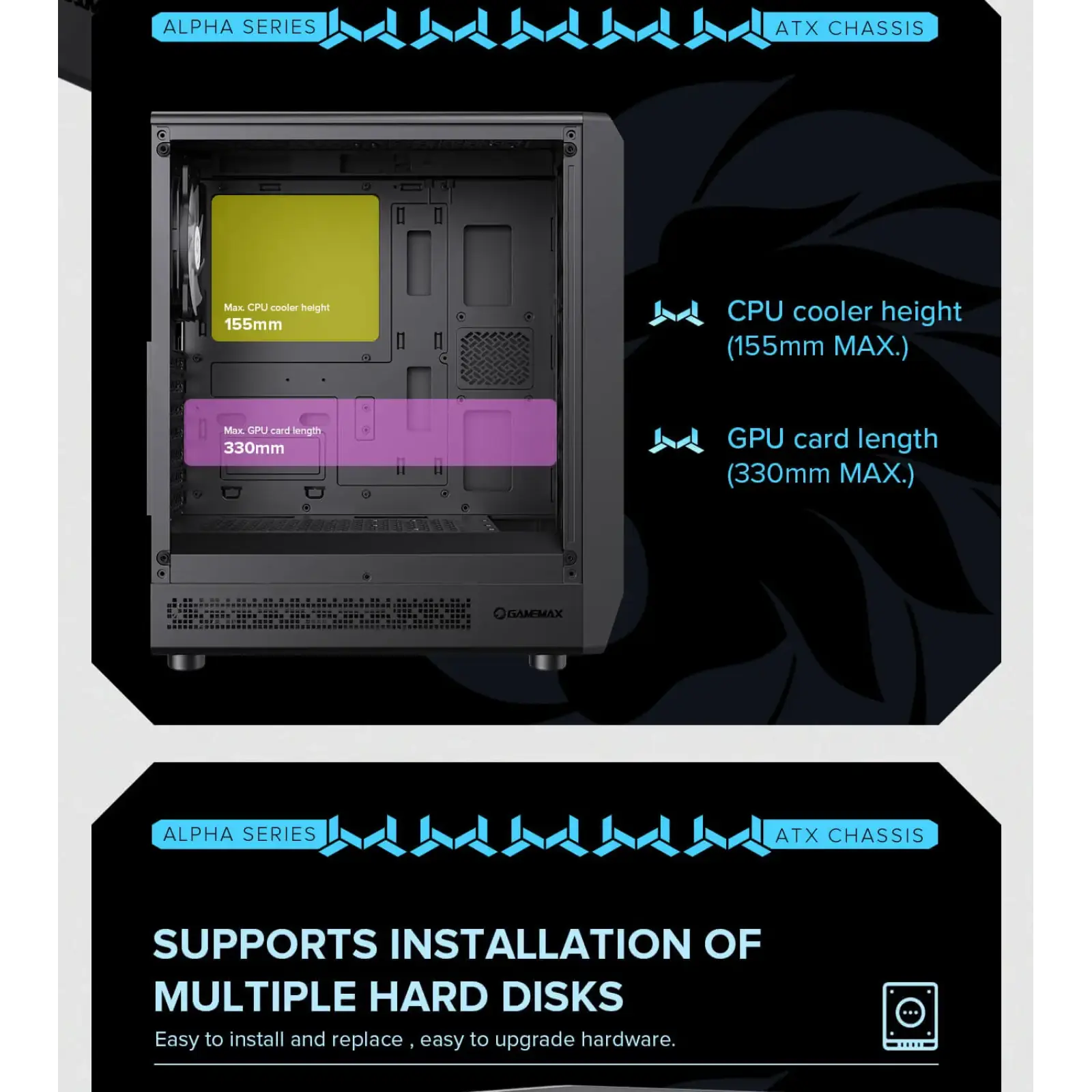 Корпус GAMEMAX Tower E-ATX без блока живлення , загартован е склоEATX(280mm Max.),ATX,M-ATX,ITX Forge AB UA