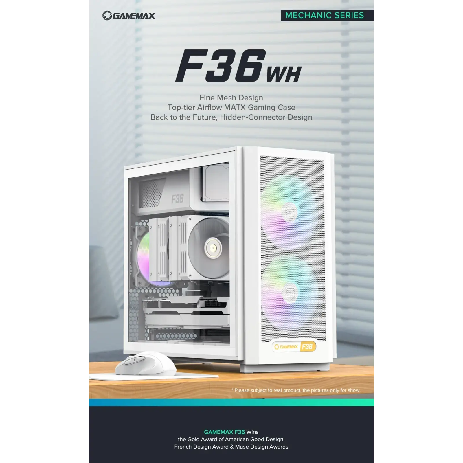 Корпус GAMEMAX Micro ATX без блока живлення, білий, загарт товане скло, Mini Tower, M-ATX(200mm), Mini ITX F36 WH UA