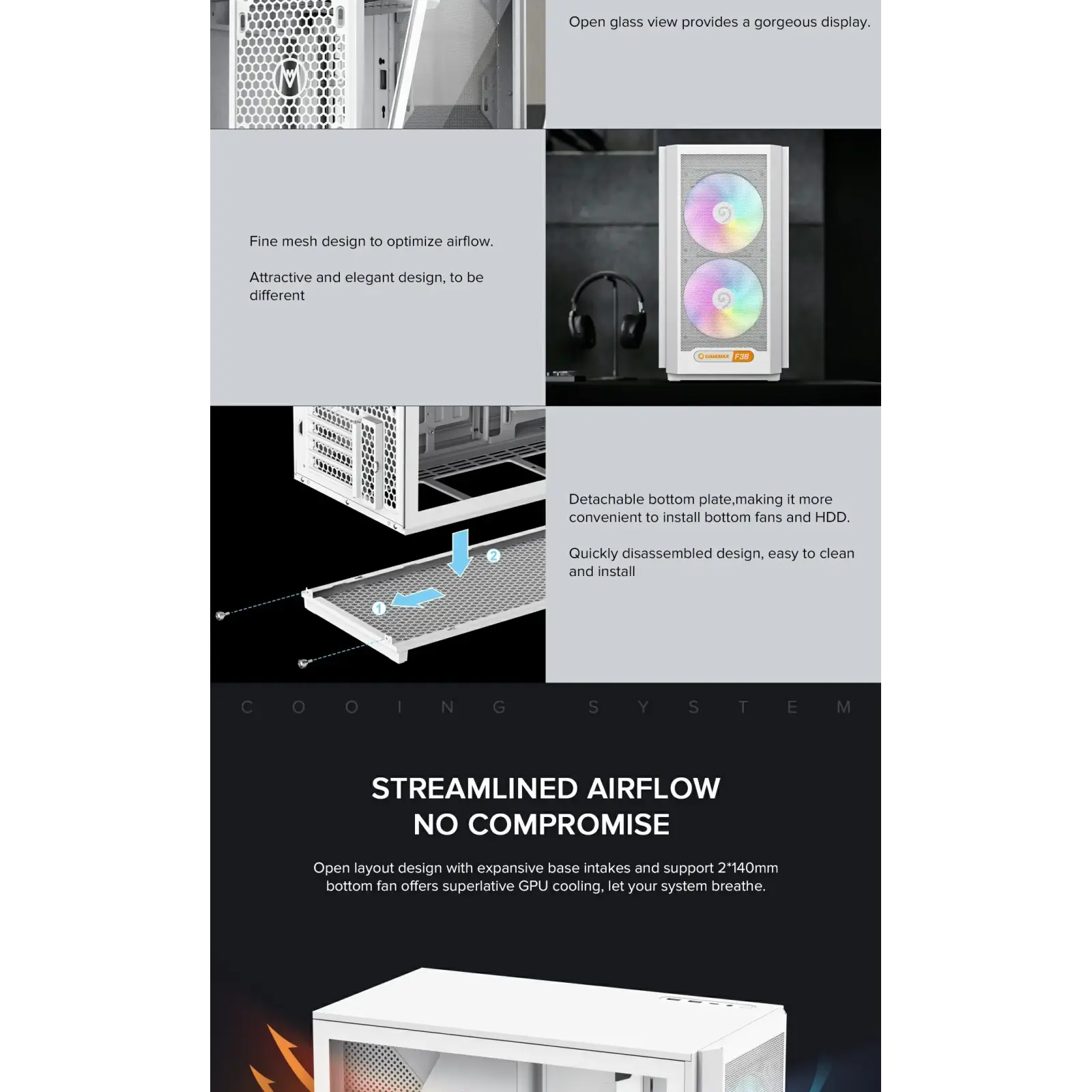 Корпус GAMEMAX Micro ATX без блока живлення, білий, загарт товане скло, Mini Tower, M-ATX(200mm), Mini ITX F36 WH UA