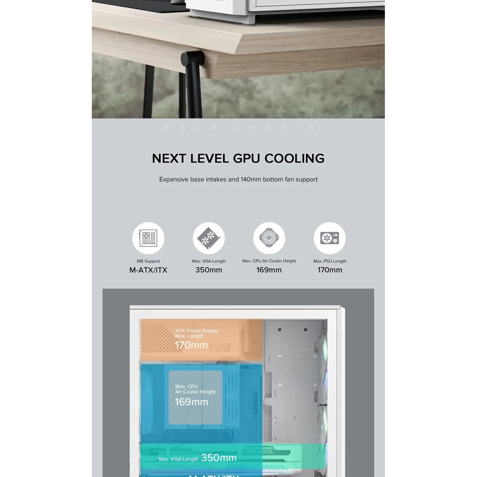 Корпус GAMEMAX Micro ATX без блока живлення, білий, загарт товане скло, Mini Tower, M-ATX(200mm), Mini ITX F36 WH UA