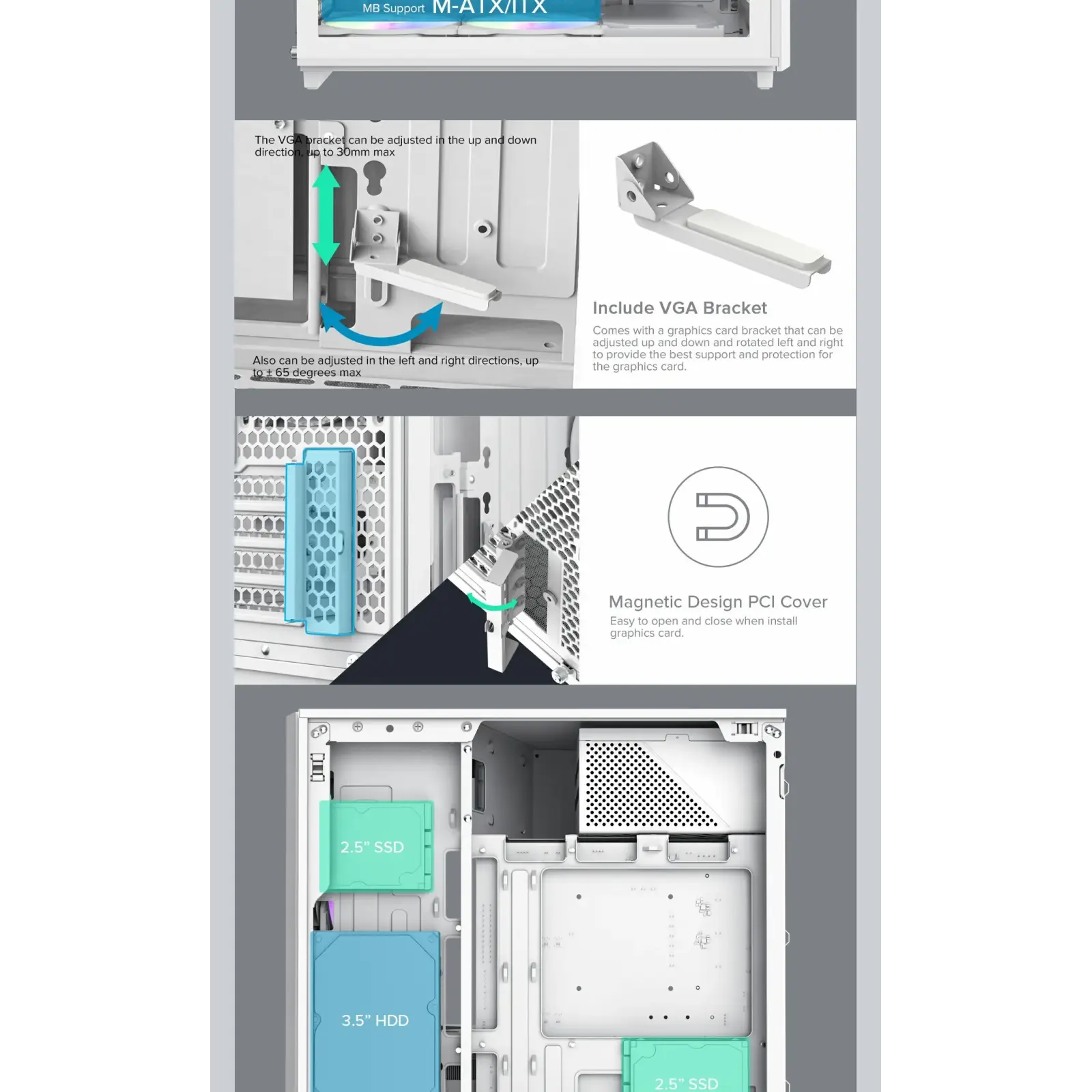 Корпус GAMEMAX Micro ATX без блока живлення, білий, загарт товане скло, Mini Tower, M-ATX(200mm), Mini ITX F36 WH UA