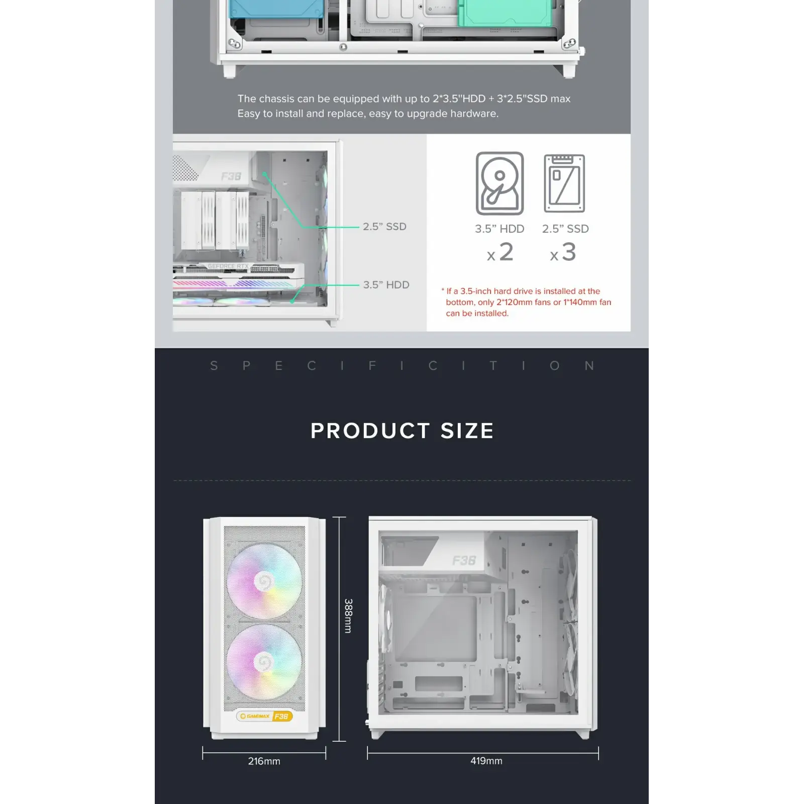 Корпус GAMEMAX Micro ATX без блока живлення, білий, загарт товане скло, Mini Tower, M-ATX(200mm), Mini ITX F36 WH UA