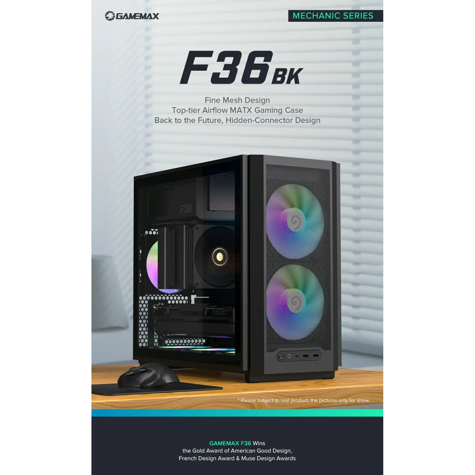 Корпус GAMEMAX Micro ATX без блока живлення, чорний, загар товане скло, Mini Tower, M-ATX(200mm), Mini ITX F36 BK UA