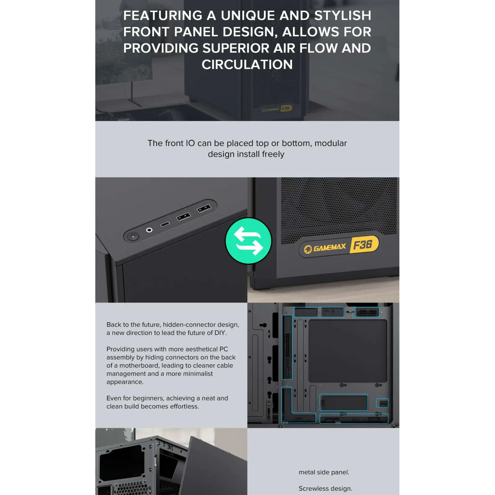 Корпус GAMEMAX Micro ATX без блока живлення, чорний, Mini Tower , M-ATX(200mm), Mini ITX F36 Dark UA