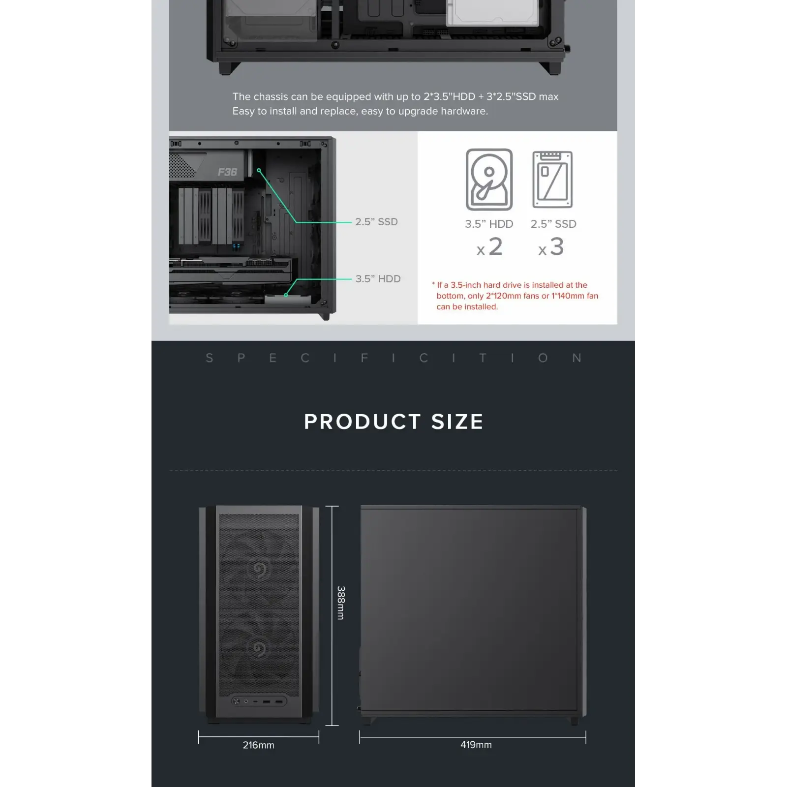 Корпус GAMEMAX Micro ATX без блока живлення, чорний, Mini Tower , M-ATX(200mm), Mini ITX F36 Dark UA