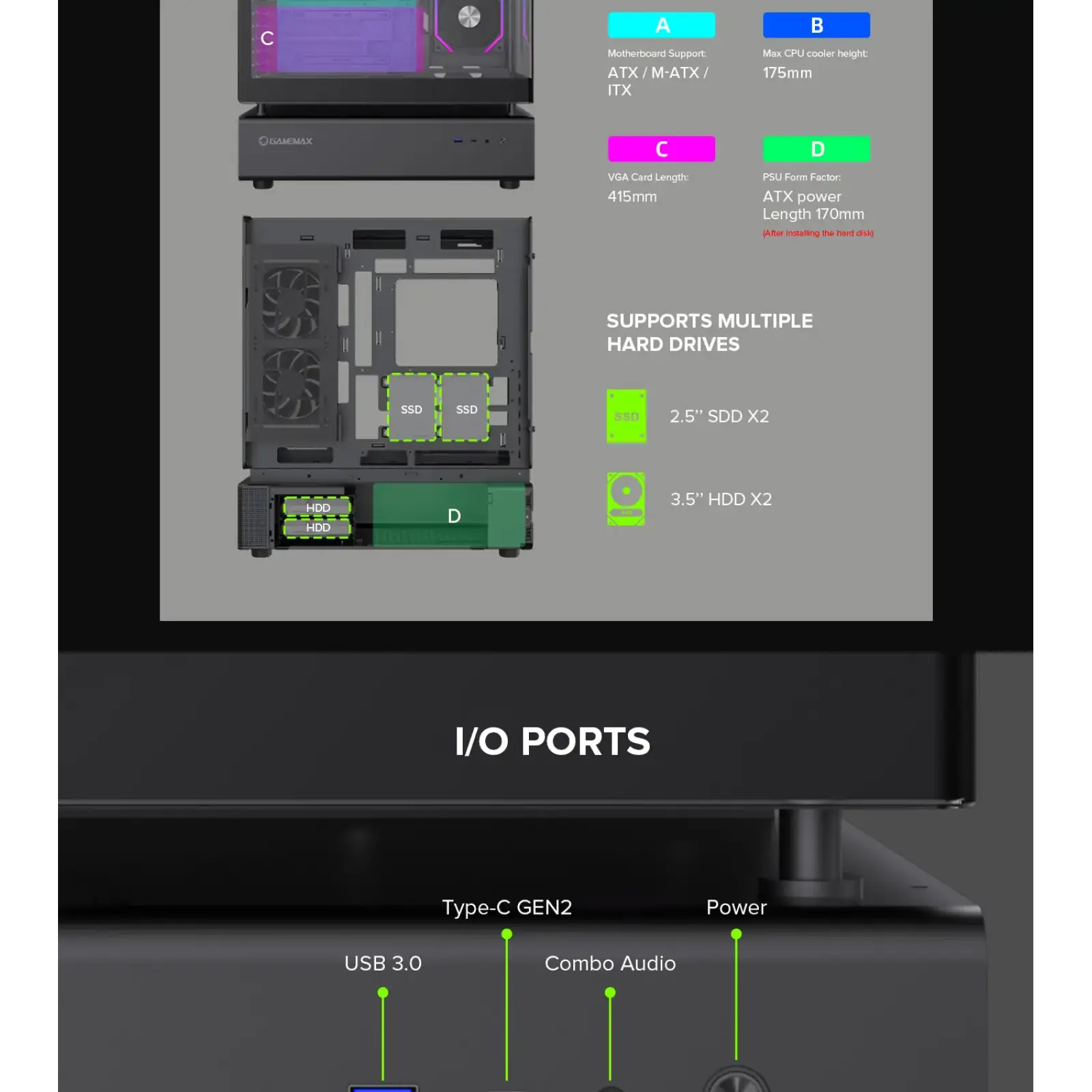 Корпус GAMEMAX Midi ATX без блока живлення,ATX, M-ATX,ITX,Support BTF,Tempered Glass,Mesh,USB N80 BK UA