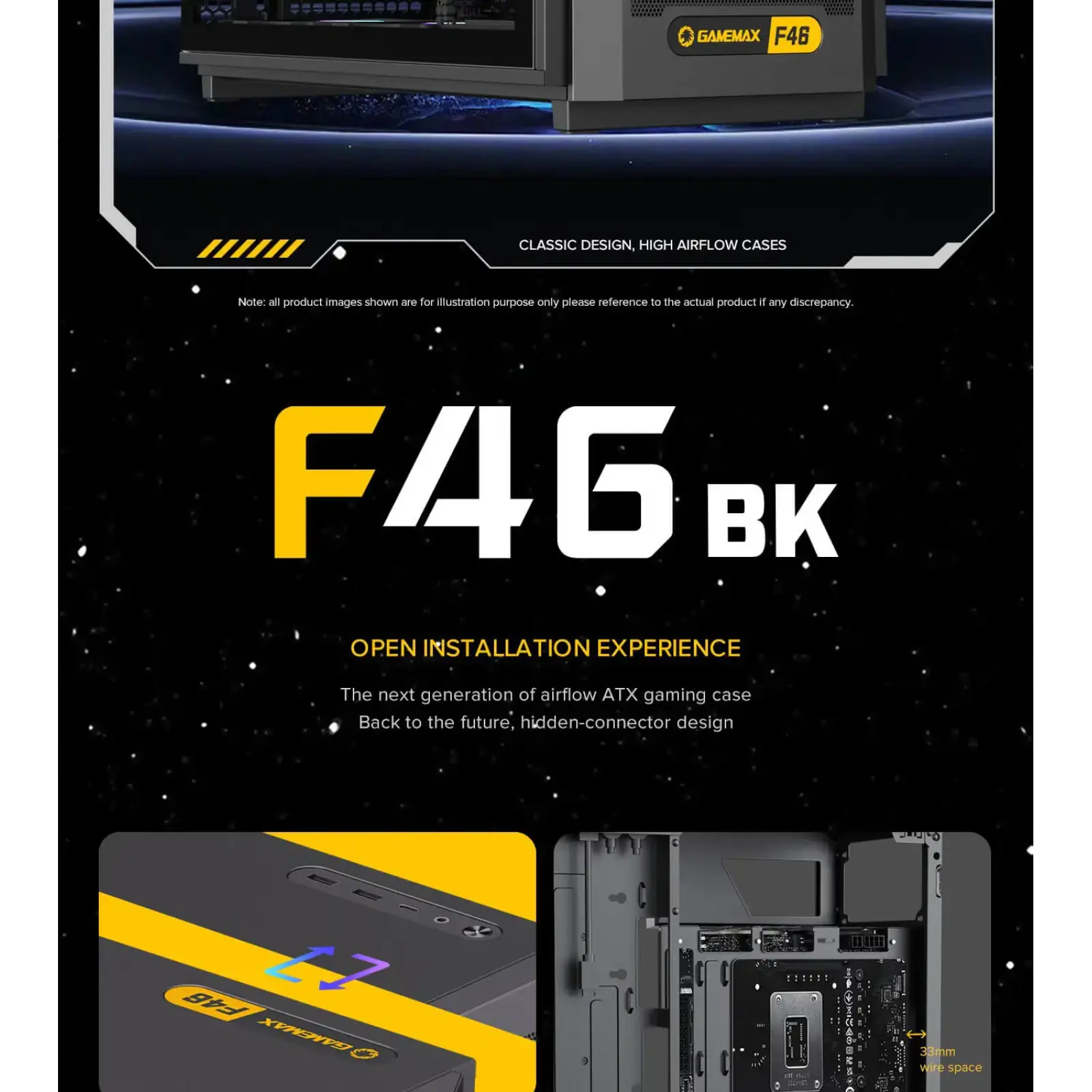 Корпус GAMEMAX комп'ютерний Midi ATX без блока живлення X,M-ATX,ITX. (Support BTF),Tempered Glass,Mesh,USB F46 BK UA