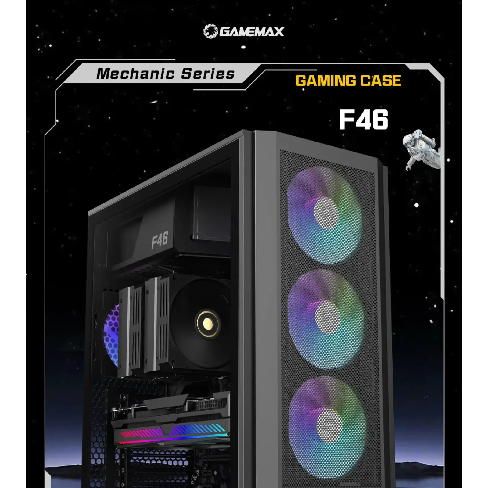 Корпус GAMEMAX комп'ютерний Midi ATX без блока живлення X,M-ATX,ITX. (Support BTF),Tempered Glass,Mesh,USB F46 BK UA
