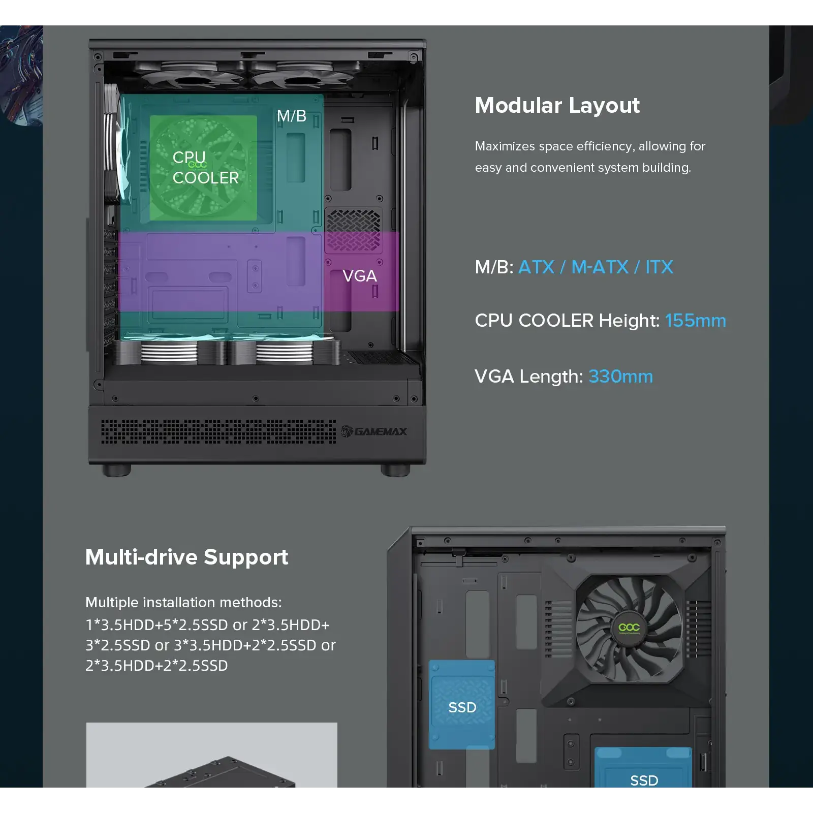 Корпус GAMEMAX комп'ютерний Midi ATX без блока живлення ATX, M-ATX, ITX, Tempered Glass, COC Turbo Fan Vista COC AB UA