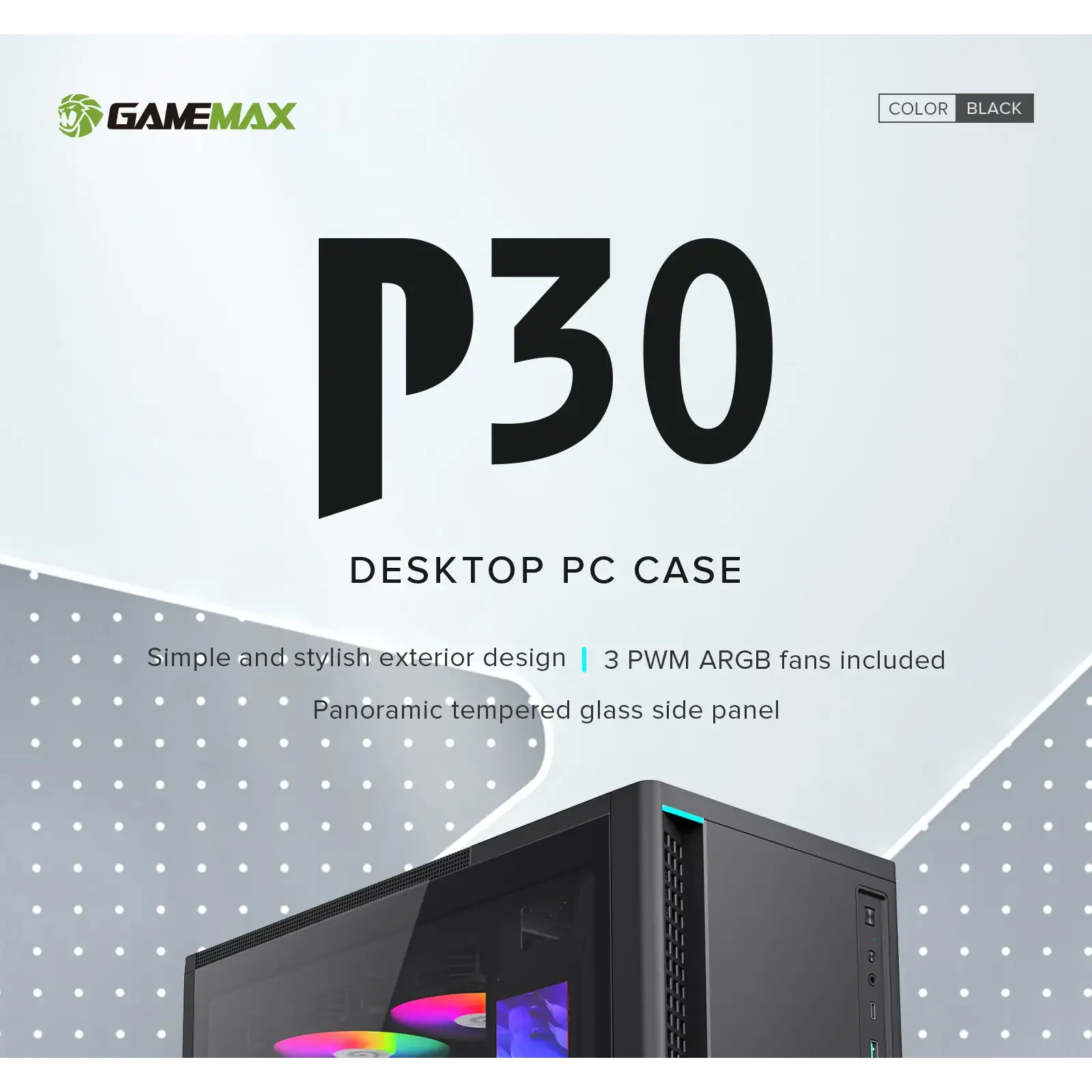 Корпус GAMEMAX комп'ютерний Midi ATX без блока живлення ATX,M-ATX,ITX,ABS ,Mesh,USB3.0x2,Type-C(Gen2) P30 BK UA