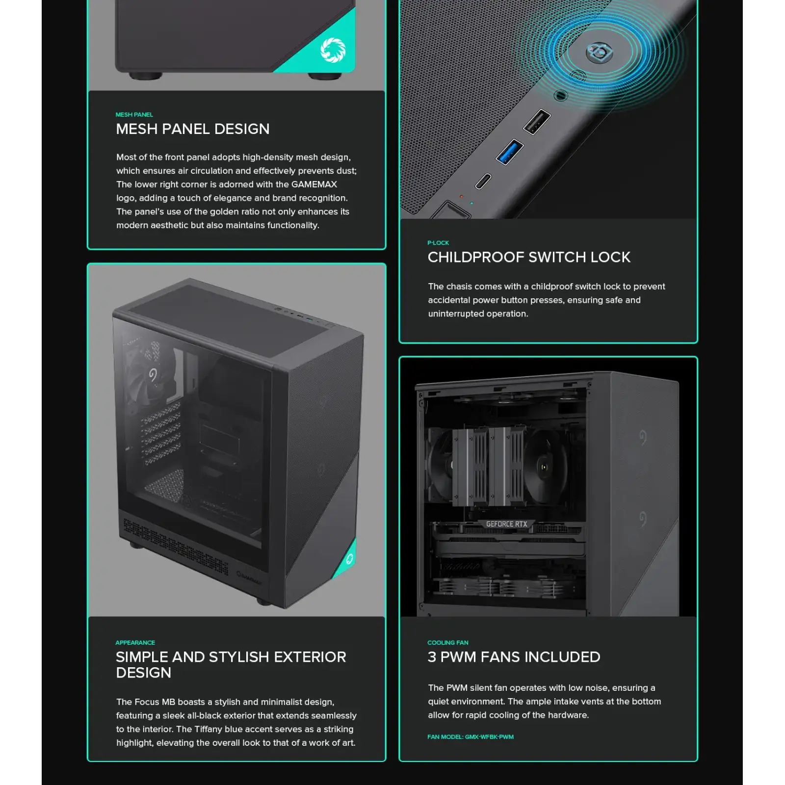 Корпус GAMEMAX комп'ютерний Mini Tower без блока живлення M-ATX, ITX,Tempered Glass,Mesh,USB2.0x1,USB3.0x1,T Focus MB UA