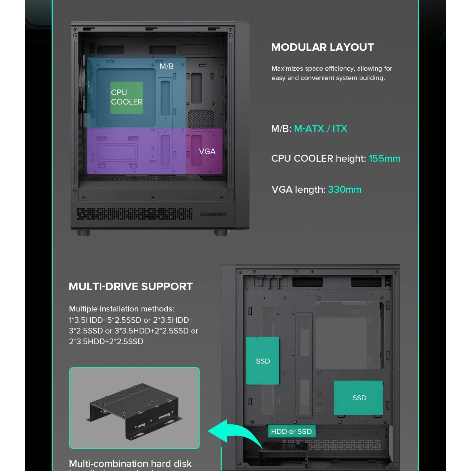 Корпус GAMEMAX комп'ютерний Mini Tower без блока живлення M-ATX, ITX,Tempered Glass,Mesh,USB2.0x1,USB3.0x1,T Focus MB UA