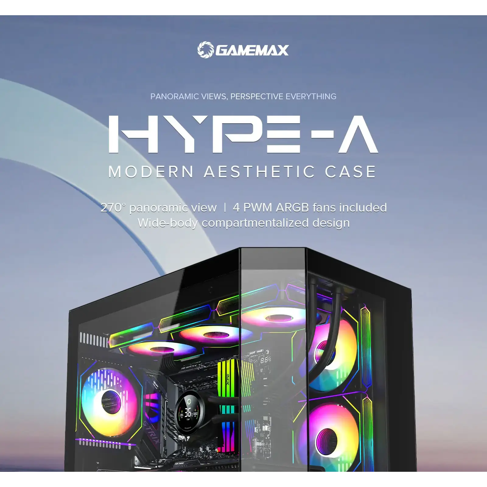 Корпус GAMEMAX комп'ютерний Midi ATX без блока живлення X,M-ATX, ITX,Tempered Glass,Metal cover, USB2.0x1 HYPE-A Black UA