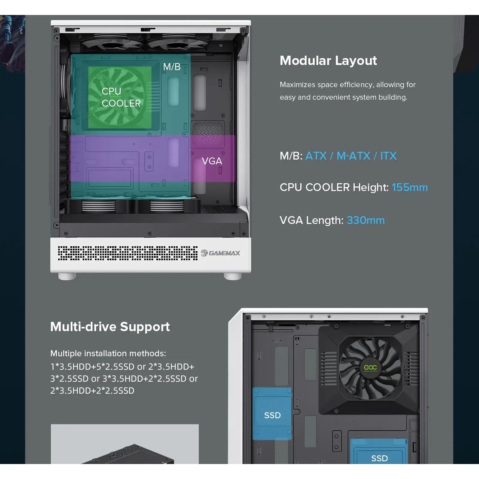 Корпус GAMEMAX комп'ютерний Midi ATX без блока живлення ATX, M-ATX, ITX, Tempered Glass, COC Turbo Fan VISTA COC AW UA