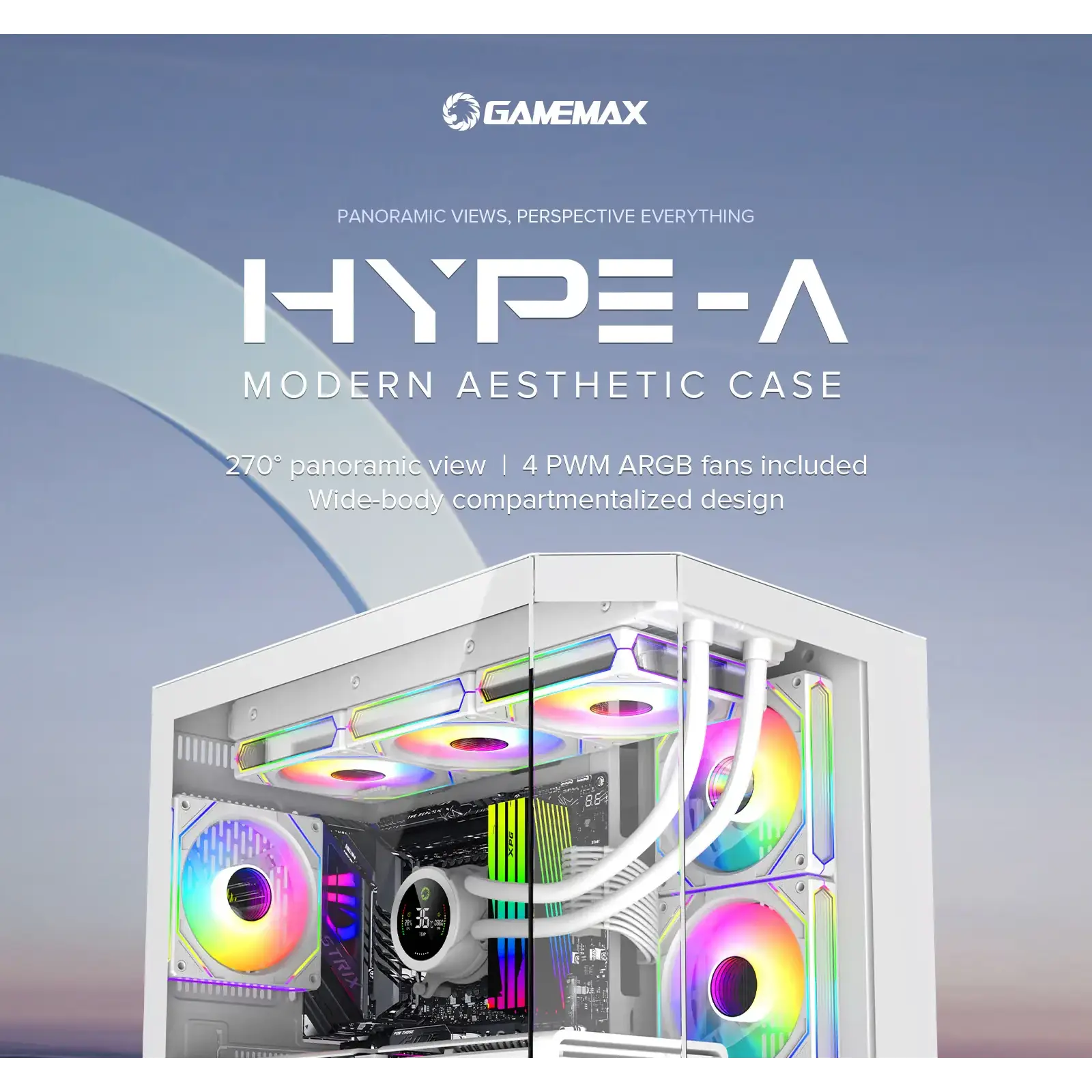 Корпус GAMEMAX комп'ютерний Midi ATX без блока живлення X,M-ATX, ITX,Tempered Glass,Metal cover, USB2.0x1 HYPE-A White UA