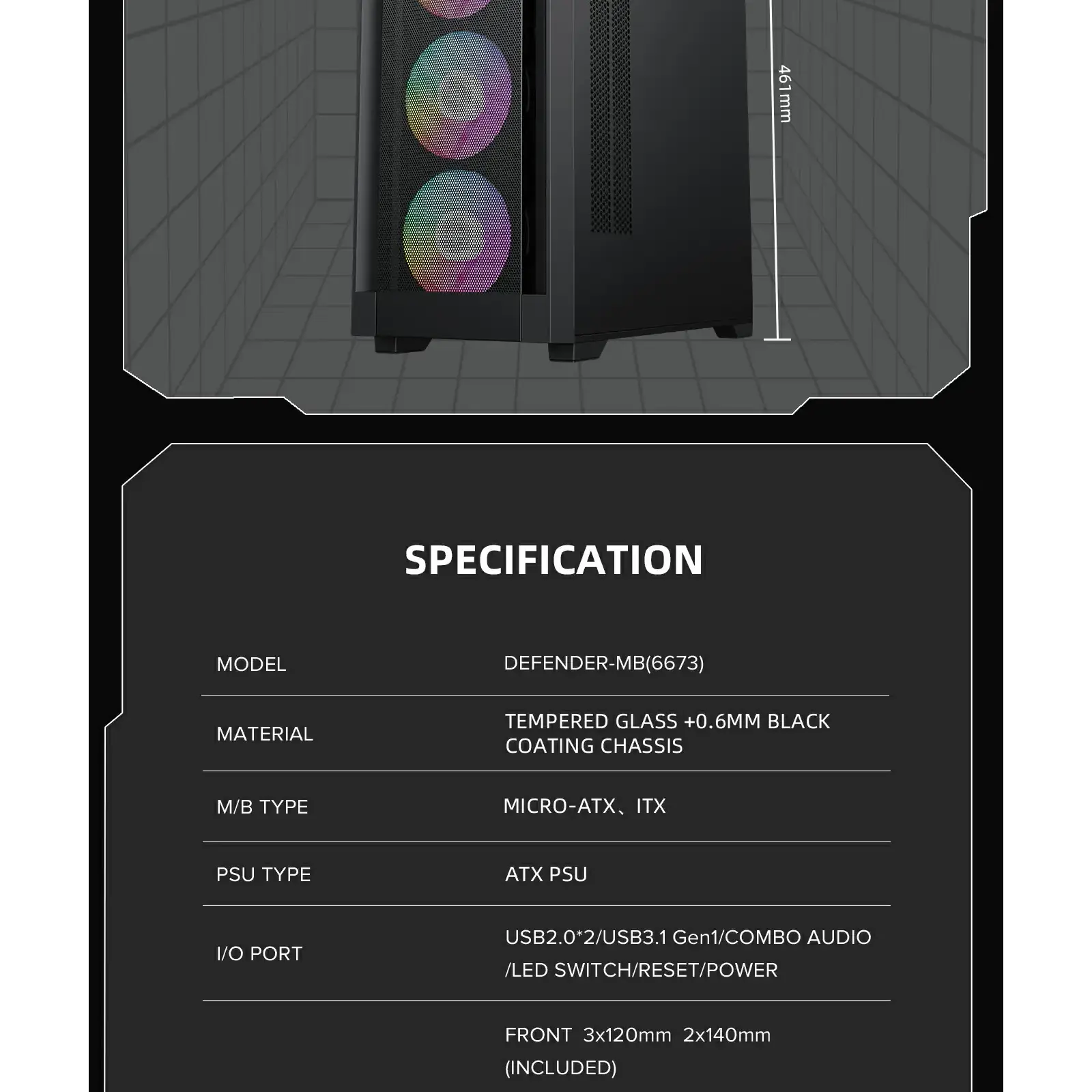 Корпус GAMEMAX Micro ATX без блока живлення , ABS пластик, сітка,закалене склоM-ATX, ITX, ABS, Mesh,Tempered Defender MB UA