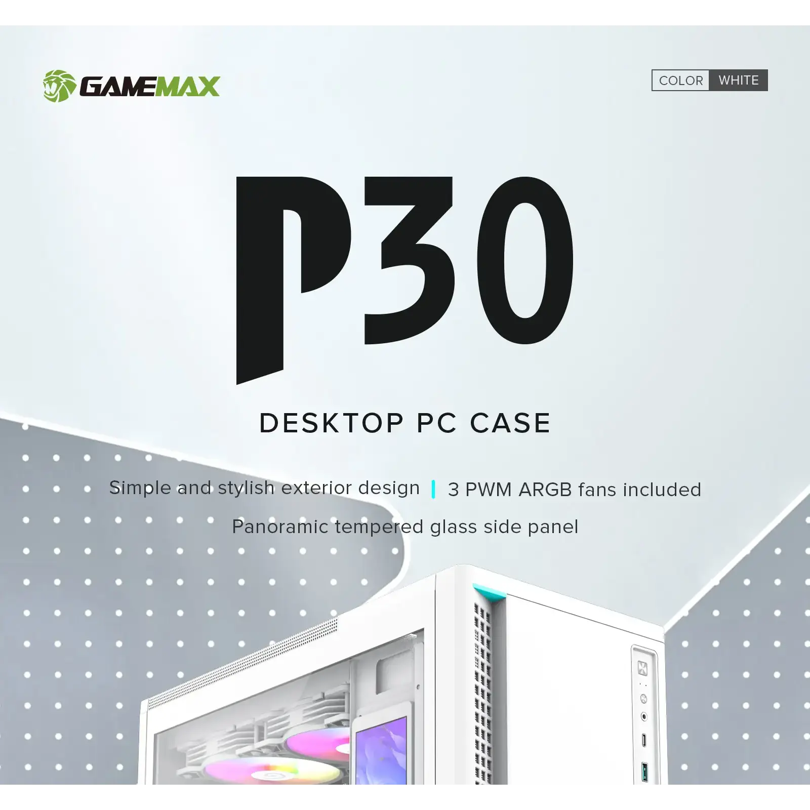 Корпус GAMEMAX комп'ютерний Midi ATX без блока живлення ATX,M-ATX,ITX,ABS ,Mesh,USB3.0x2,Type-C(Gen2) P30 WH UA