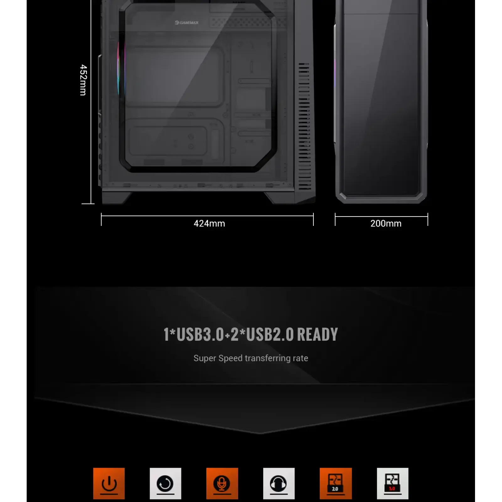 Корпус GAMEMAX Tower ATX без блока живлення, акрил, Micro-ATX, DTX,Mini-ITX, 1*usb 3.0 + 2* usb 2.0 G561E-BK UA