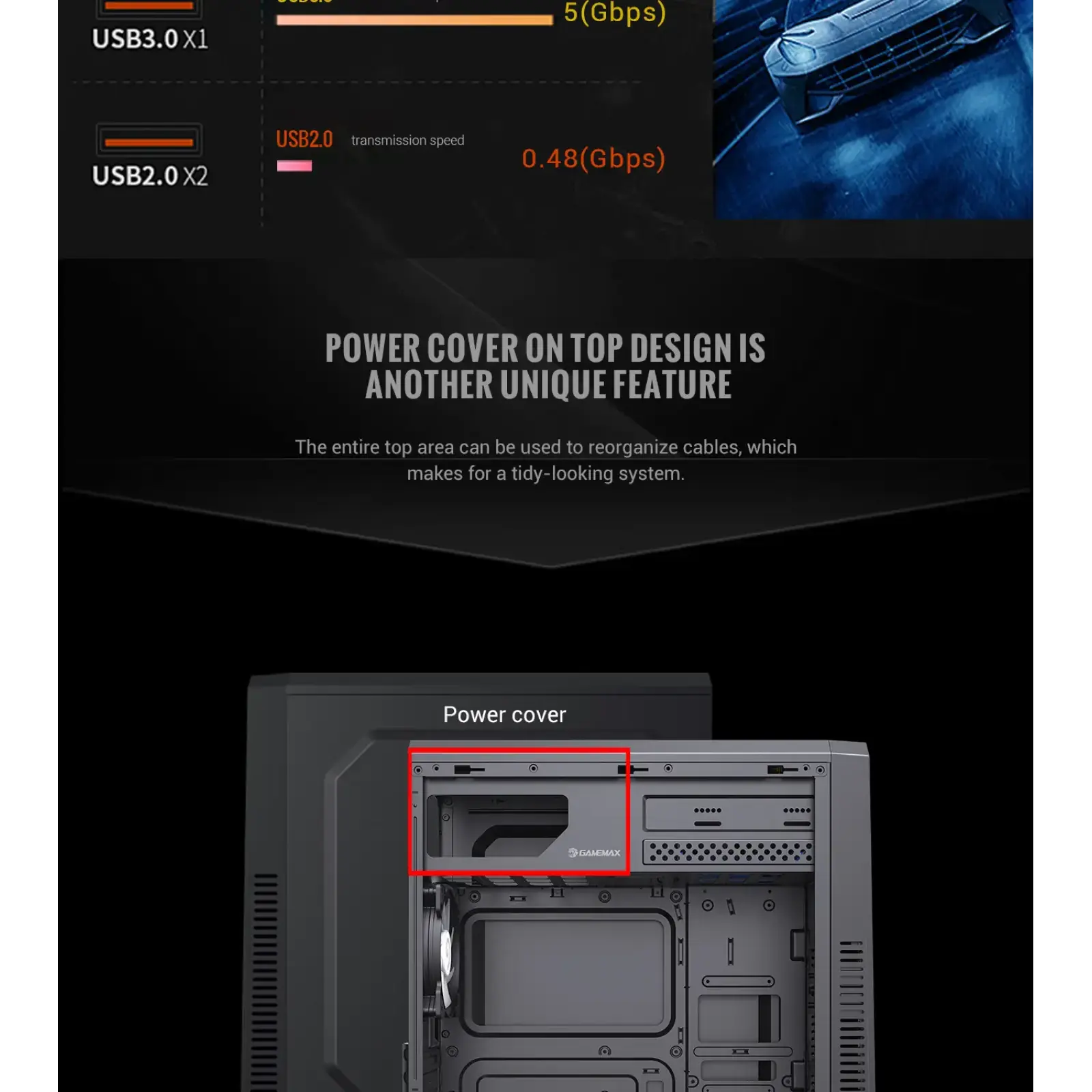 Корпус GAMEMAX Tower ATX без блока живлення, акрил, Micro-ATX, DTX,Mini-ITX, 1*usb 3.0 + 2* usb 2.0 G561E-BK UA