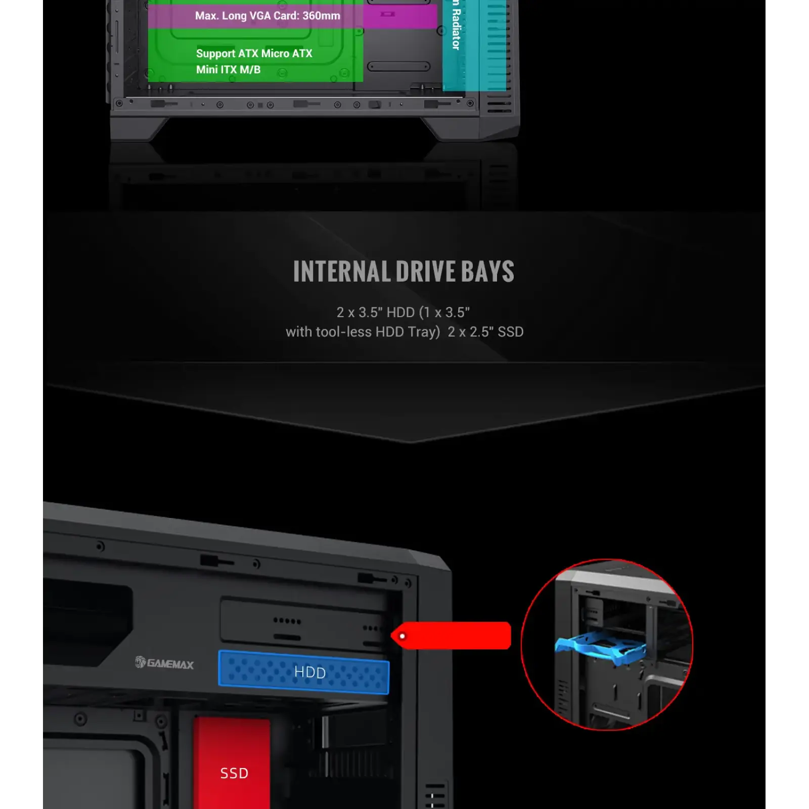 Корпус GAMEMAX Tower ATX без блока живлення, акрил, Micro-ATX, DTX,Mini-ITX, 1*usb 3.0 + 2* usb 2.0 G561E-BK UA