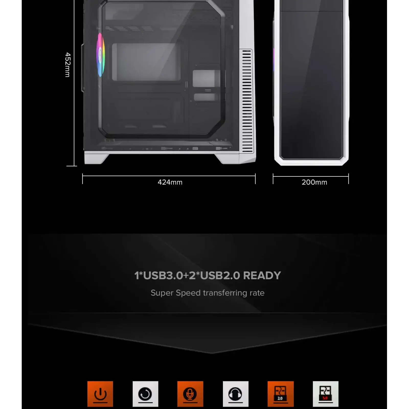 Корпус GAMEMAX Tower ATX без блока живлення, акрил, Micro-ATX, DTX,Mini-ITX, 1*usb 3.0 + 2* usb 2.0 G561E-WH UA