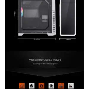 Корпус GAMEMAX Tower ATX без блока живлення, акрил, Micro-ATX, DTX,Mini-ITX, 1*usb 3.0 + 2* usb 2.0 G561E-WH UA